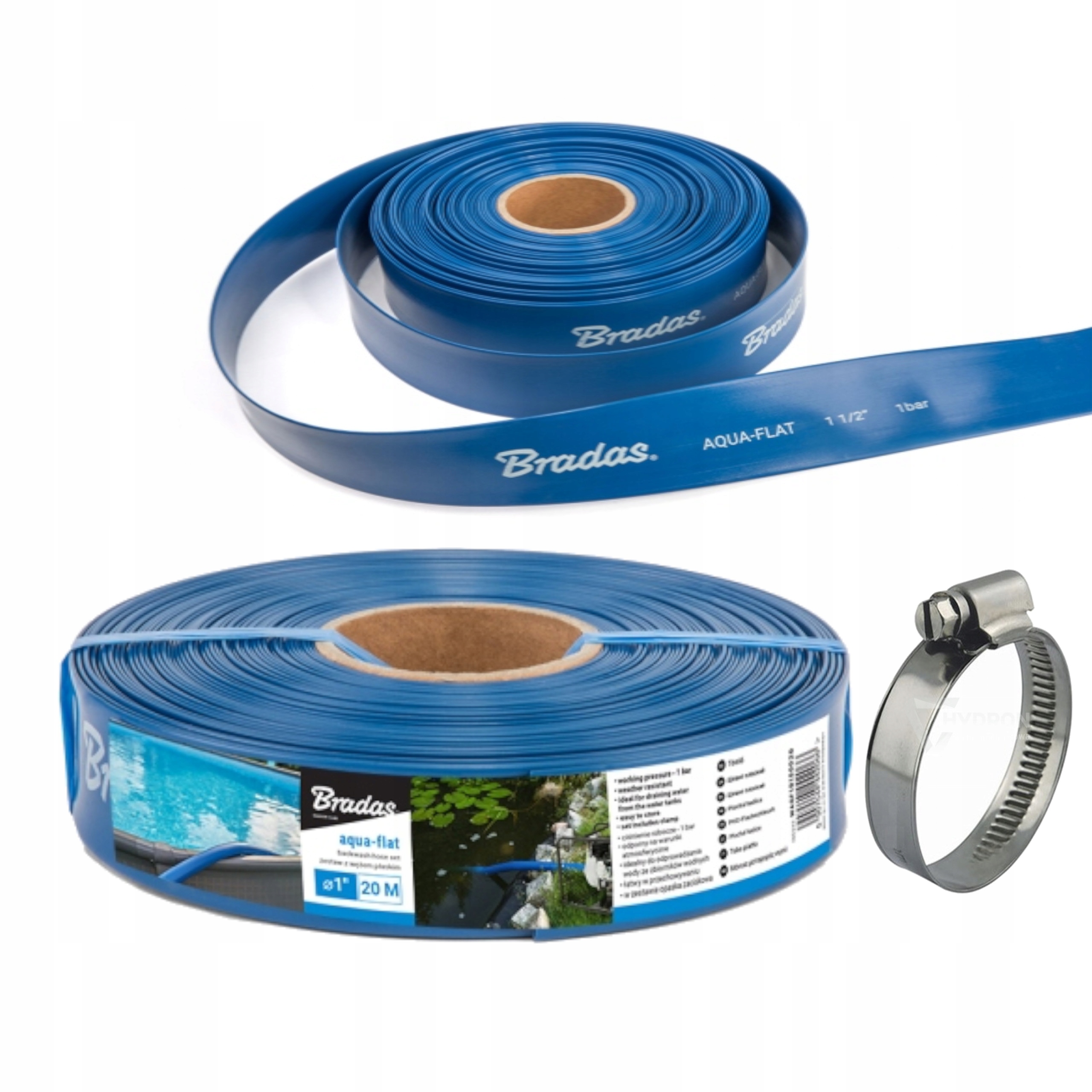 

Wąż płaski Aqua-flat 1"-20m w zestawie opaską