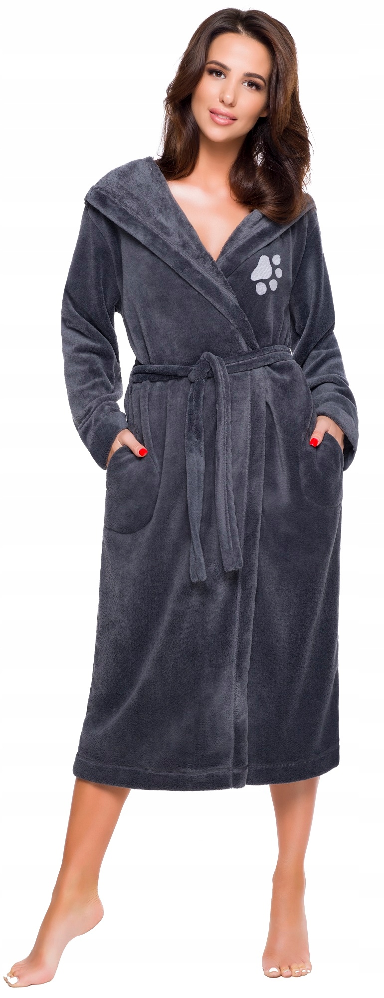 DŁUGI PUCHOWY DAMSKI SZLAFROK PODOMKA ŁAPKA XXL Rękaw długi rękaw