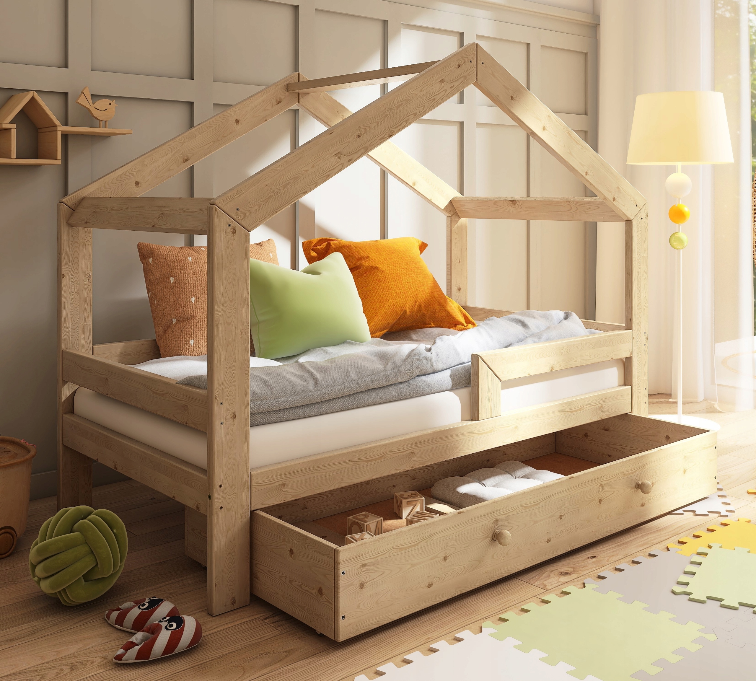 DZIECIĘCE ŁÓŻKO Z SZUFLADĄ DOMEK 90X200 ŁÓŻECZKO DREWNIANE DLA DZIECKA RBWN