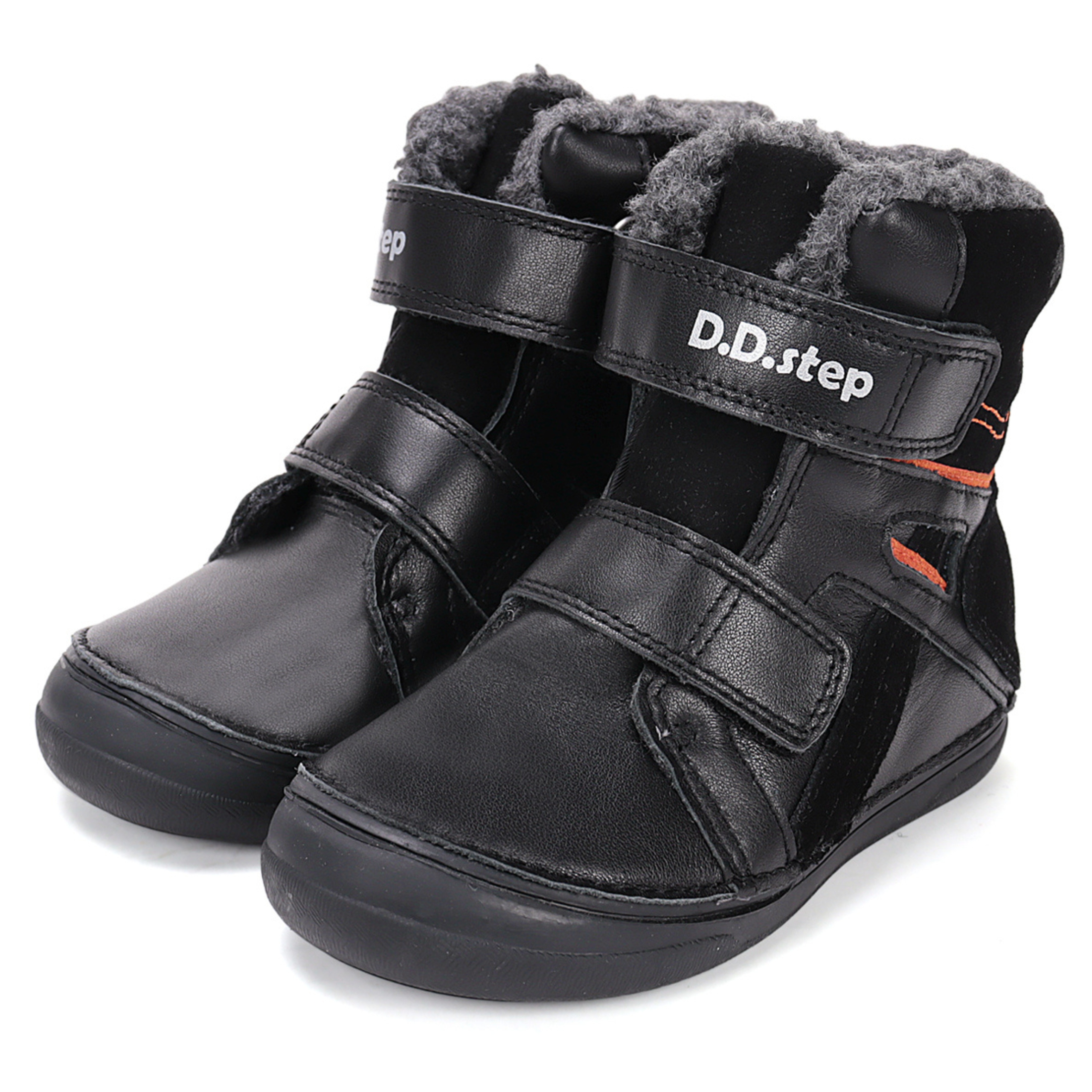 D.D Step W078-52451 Buty Zimowe Ocieplane Skórzane Na Rzepy Black Czarne 32