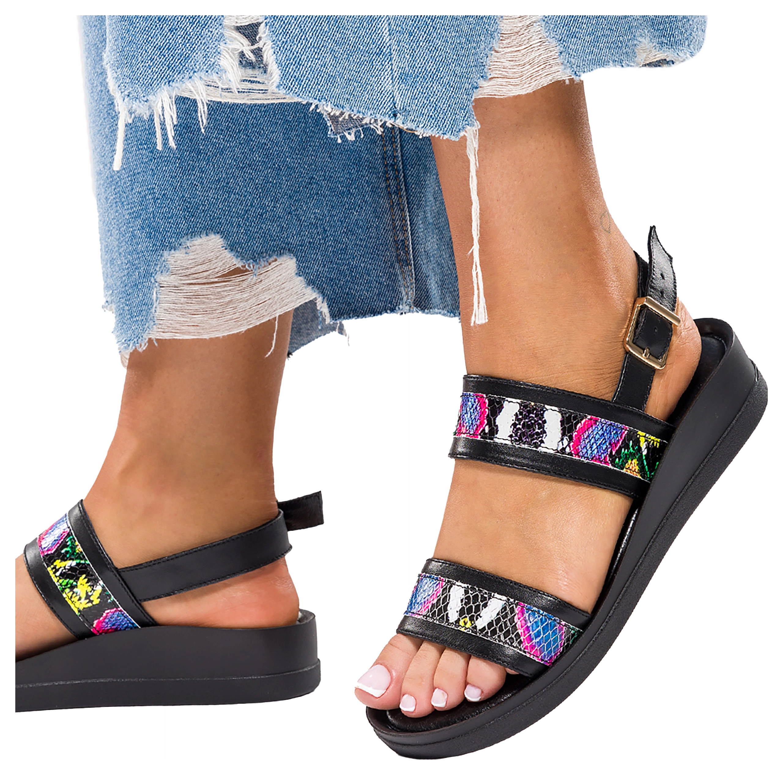 Dámské kožené Sandály na platformě, barevné pásky, Polský výrobek, velikost 39