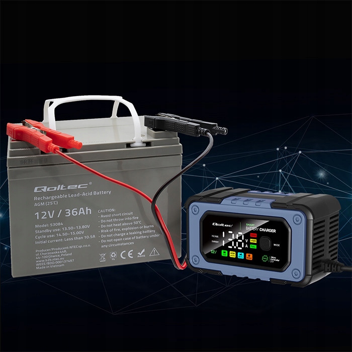 PROSTOWNIK QOLTEC SMART ŁADOWARKA LIFEPO4 AGM GEL 7A LCD TESTER SPRAWNOŚCI Natężenie maksymalne 7 A