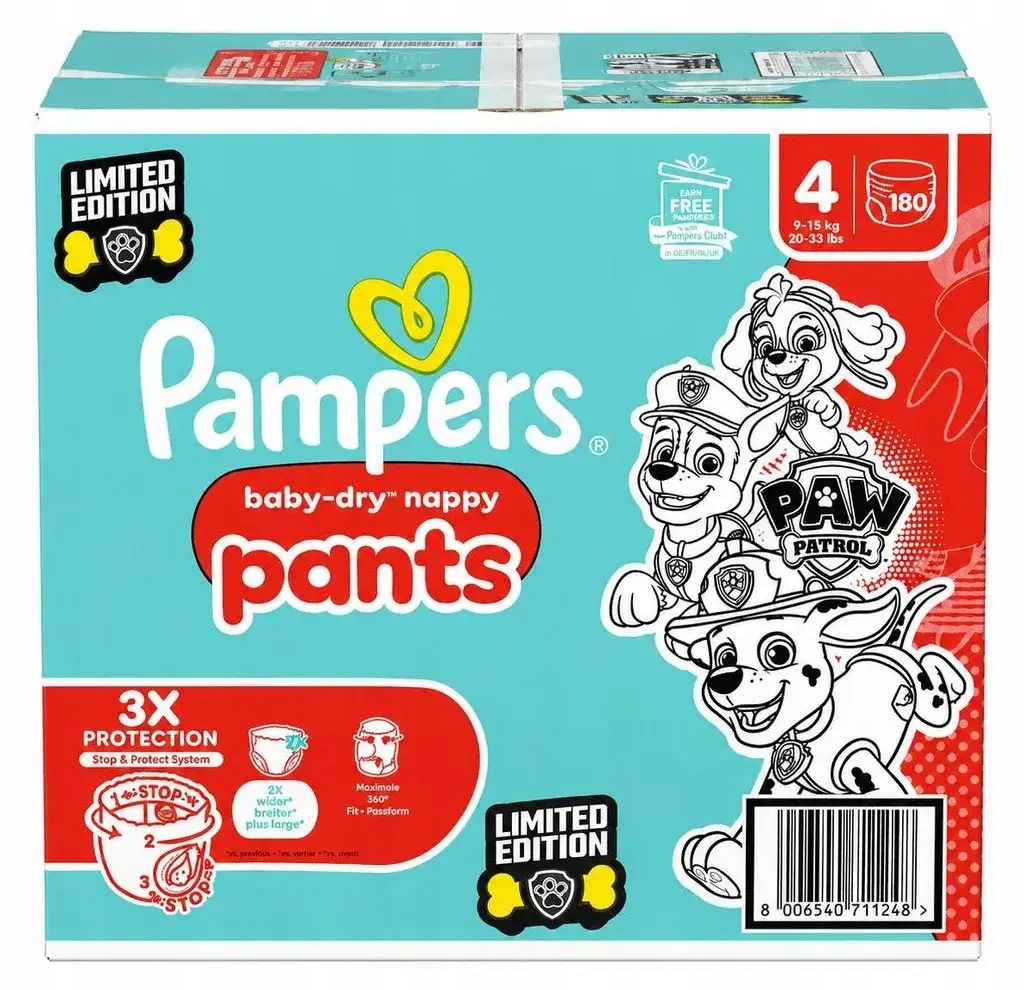 Pieluchomajtki Pampers Baby-Dry Rozmiar 4 180 szt. 9-15kg Psi Patrol
