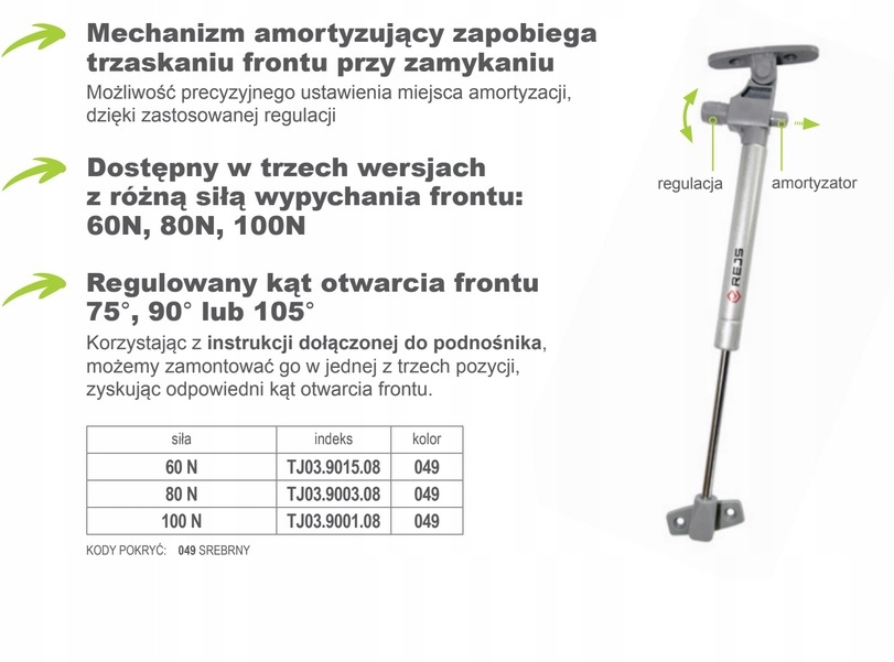 PODNOŚNIK DO KLAP GAZOWY Z CICHYM DOMYKIEM 100N Długość 27 cm