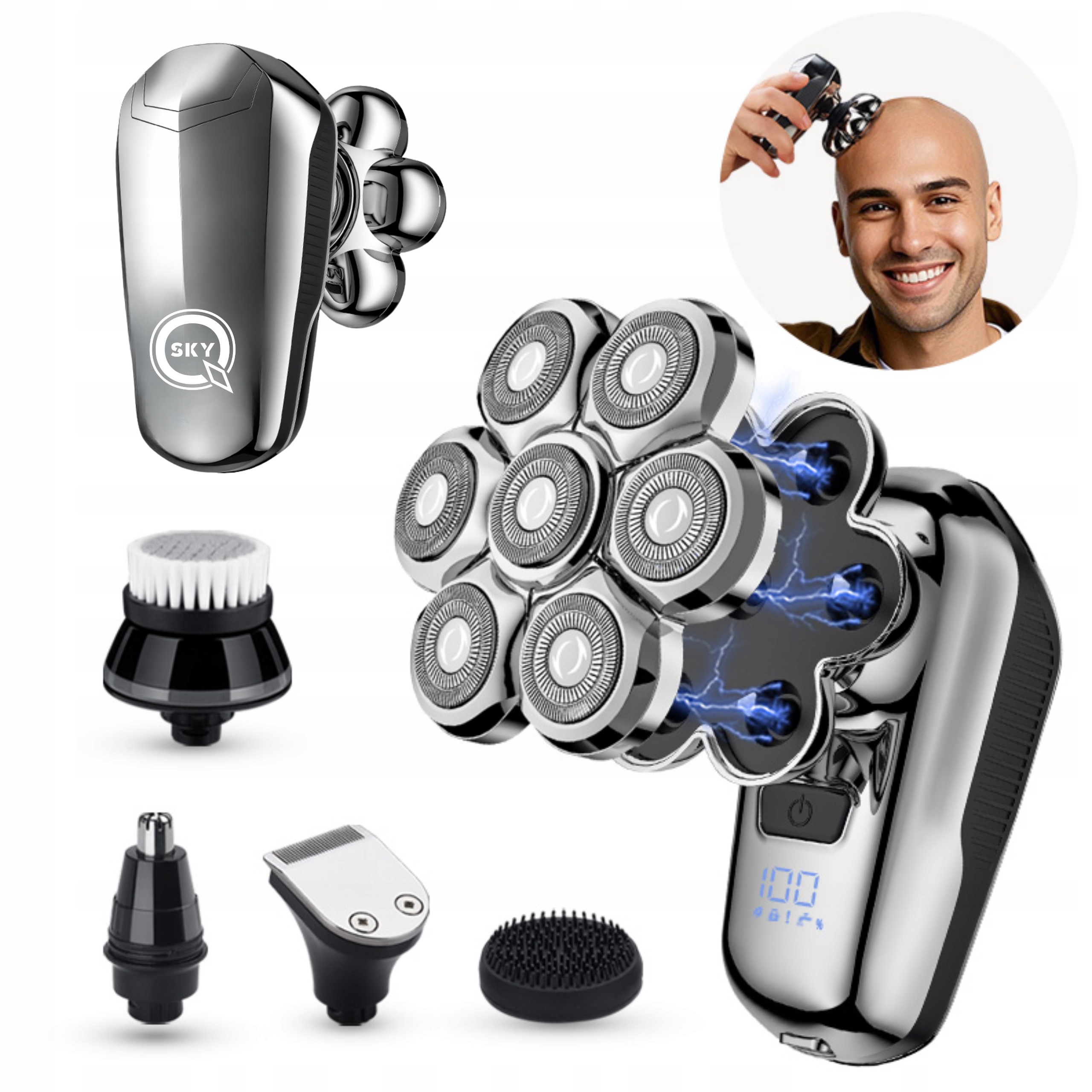 Golarka Męska Z 7D Pływającymi Ostrzami Do Głowy Twarzy Wodoodporna 5W1