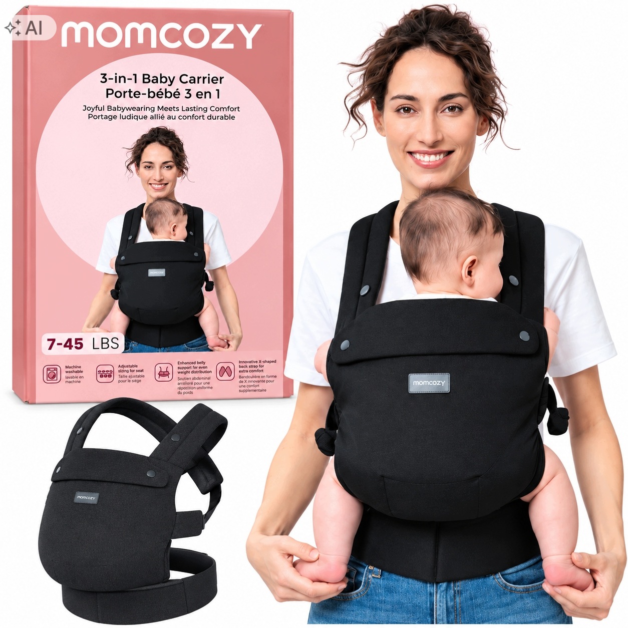 Momcozy Nosidełko Ergonomiczne dla Dziecka 3w1 3,2-20 kg Czarne BC001