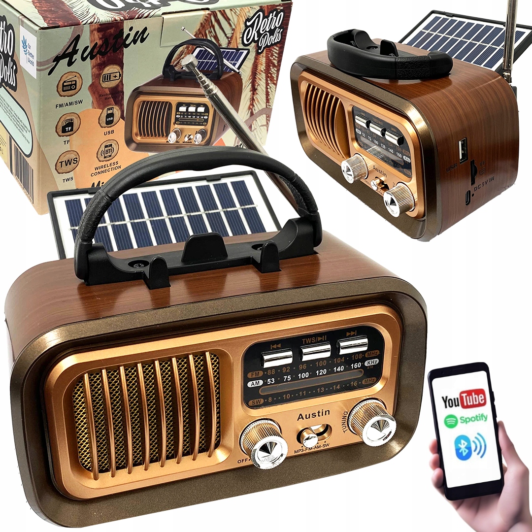 Retropolis AUSTIN Vintage Radio Retro Solar USB microSD Bluetooth ...