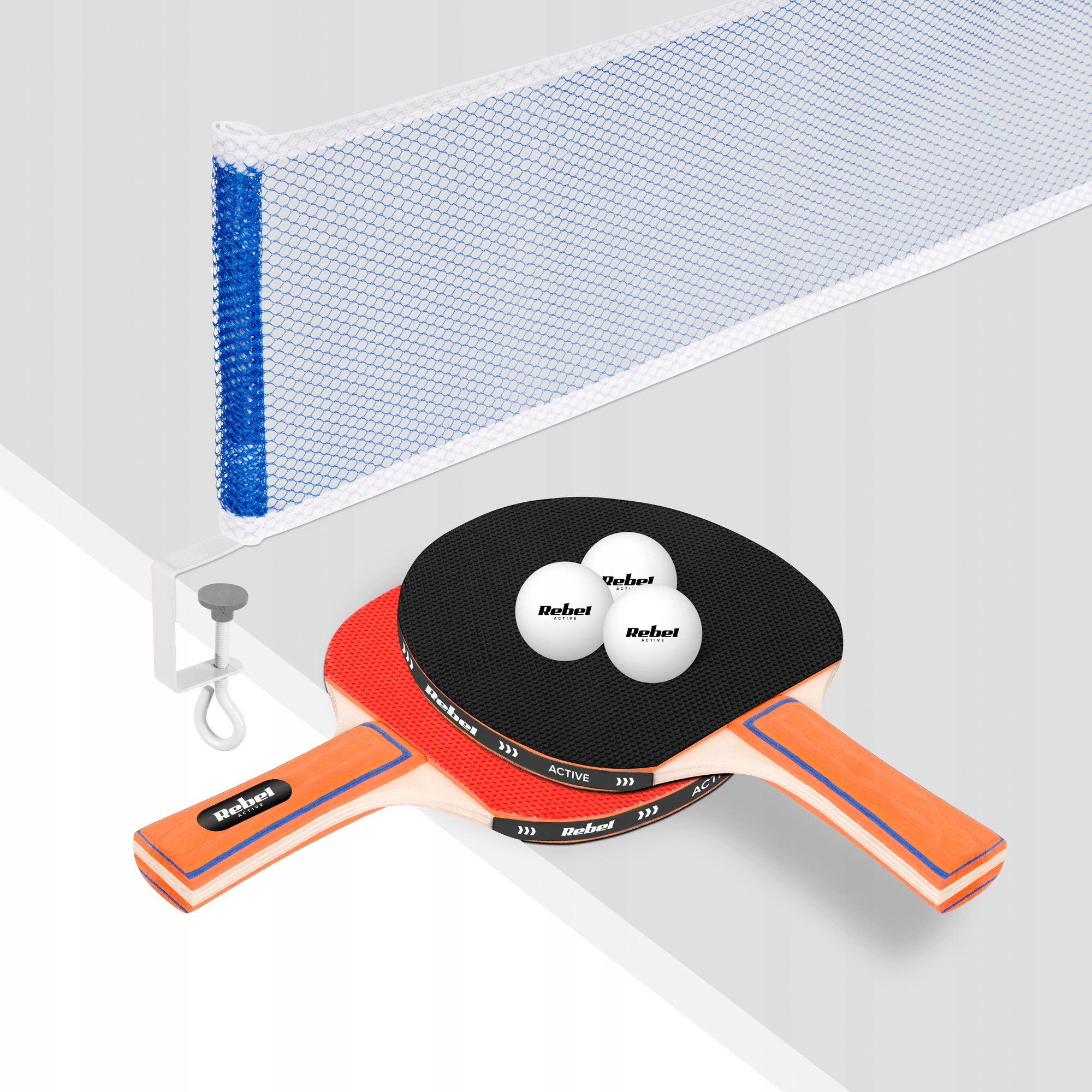 Rakietki do tenisa stołowego ping pong Rebel Active 3 piłeczki siatka