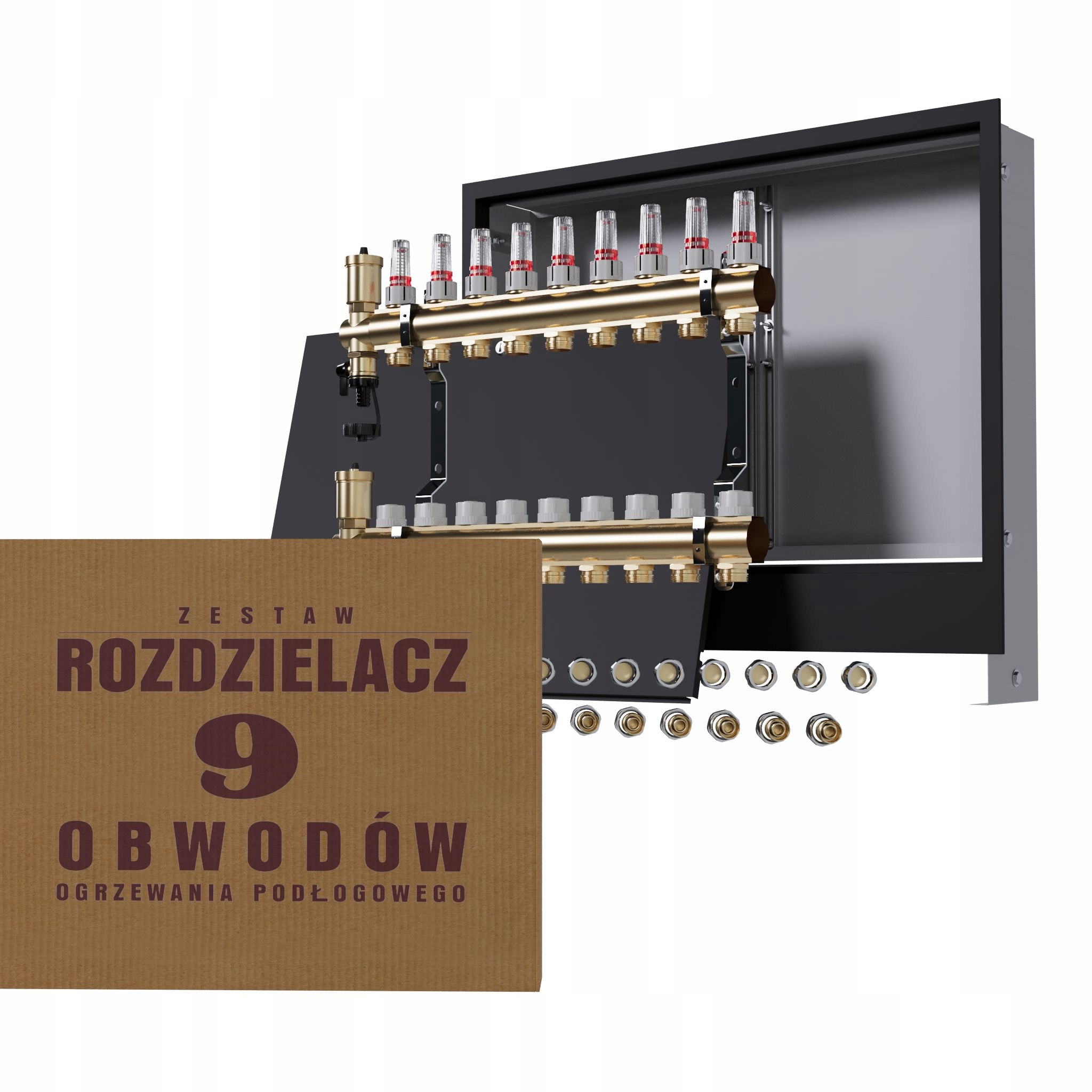 Mosazný rozdělovač pro podlahu 9 okruhů černá skříňka Pex