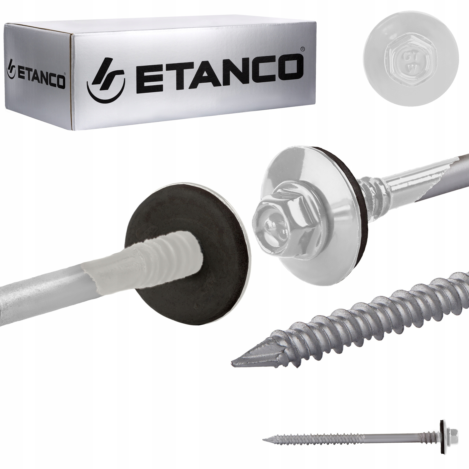 Skrutky ETANCO6,4/7,0x190 mm do sendvičových panelov, betónu, dreva Ral 9010 100ks