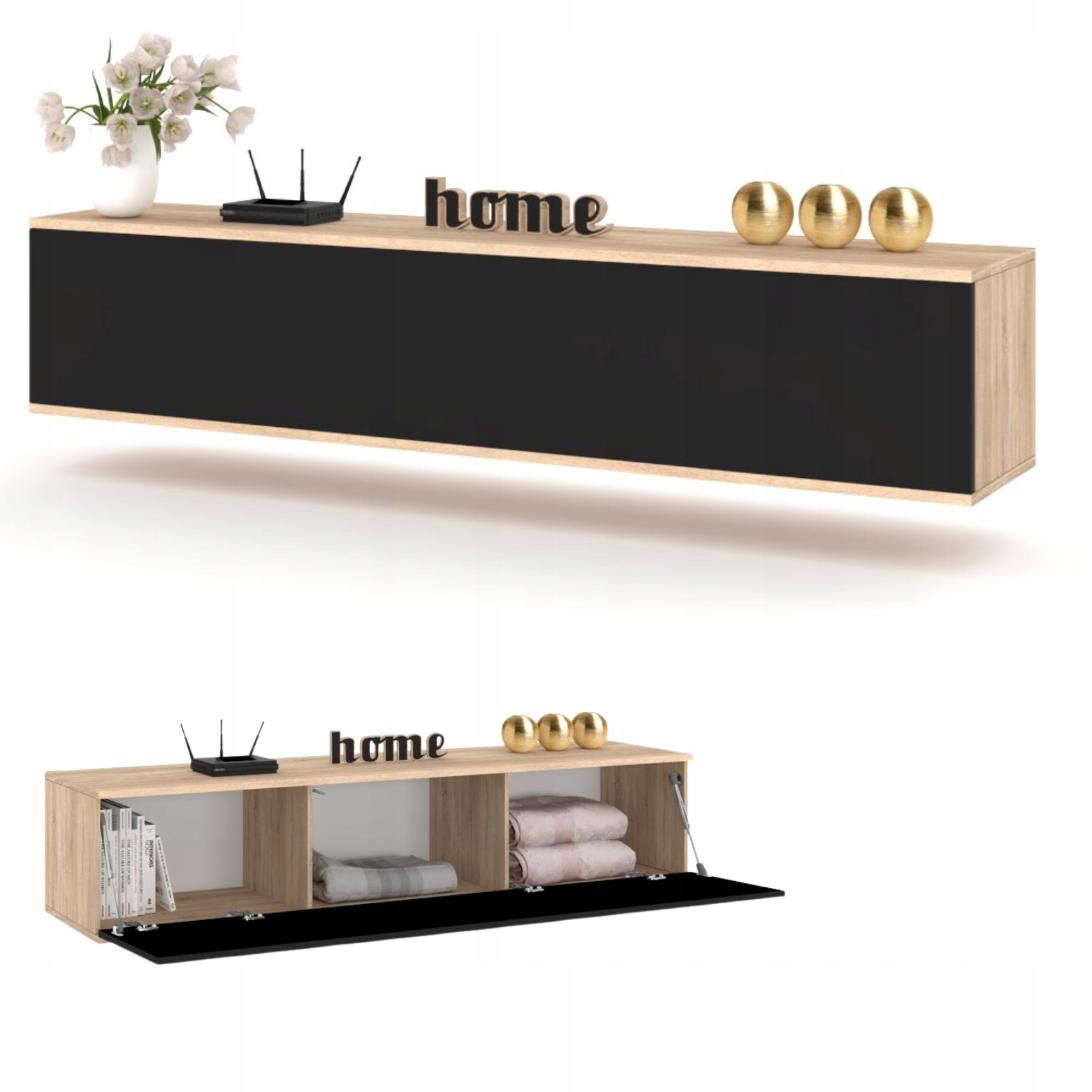 Závěsná Rtv skříňka Komoda Police Vitrína do obývacího pokoje sonoma černá přední strana 118 cm