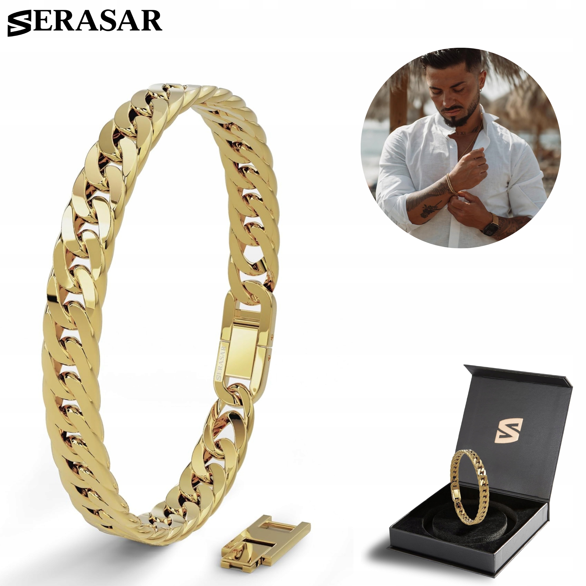 Serasar Pánský náramek z z nerezové oceli "Cuban", zlato, 17 cm