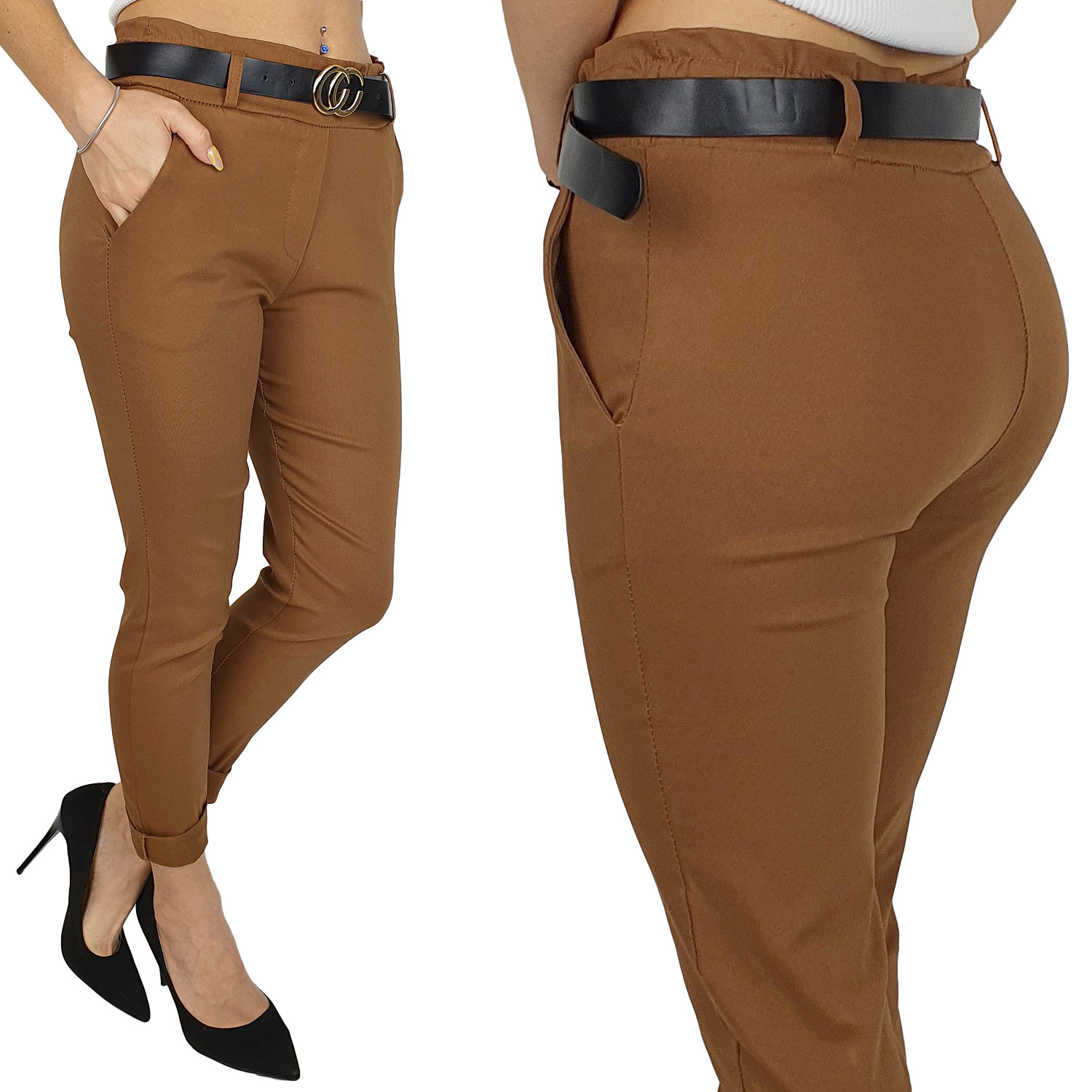 #ELASTYCZNE - SPODNIE - DAMSKIE - W GUMKĘ - PASEK#