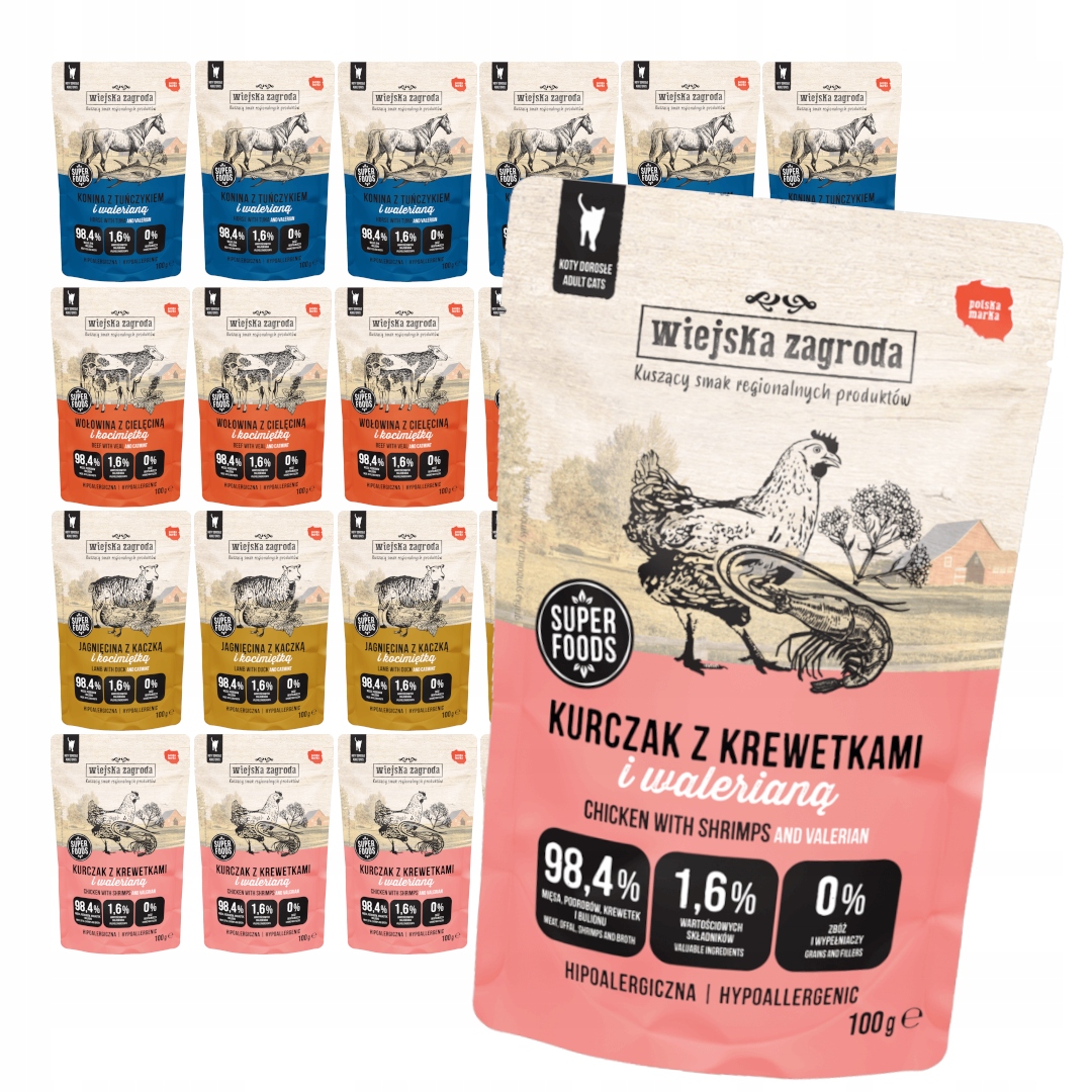 Wiejska Zagroda 24x100g Bezobilné Mokré Krmivo Pro Kočky Mix 4 příchutí