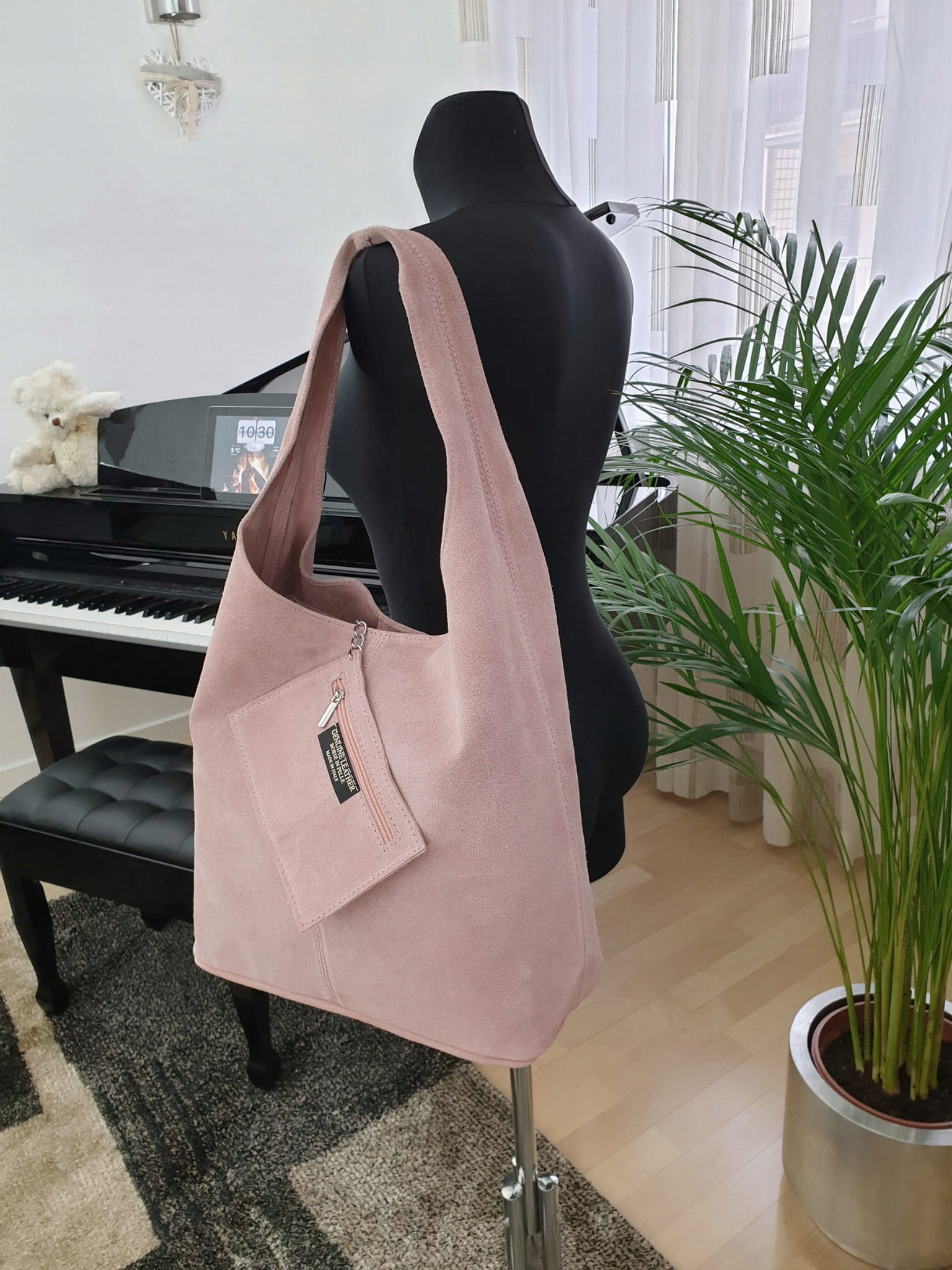 VERA PELLE torebka damska zamszowa worek na ramię z saszetką BEŻOWA Stan opakowania oryginalne