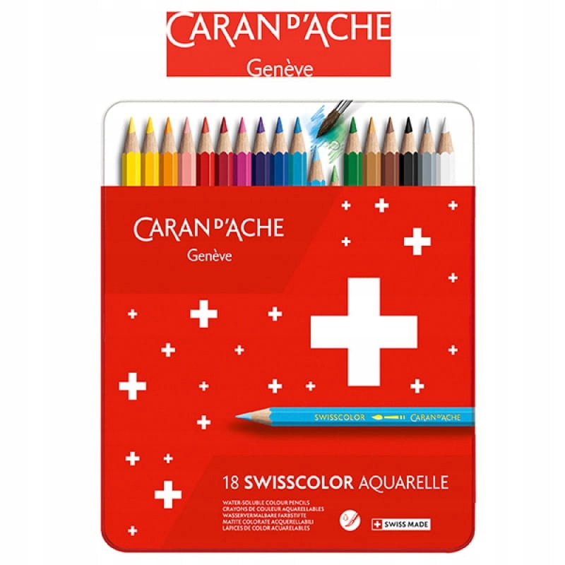 KREDKI SWISSCOLOR AKWARELOWE, METALOWE PUDEŁKO 18SZT, CARAN D'ACHE