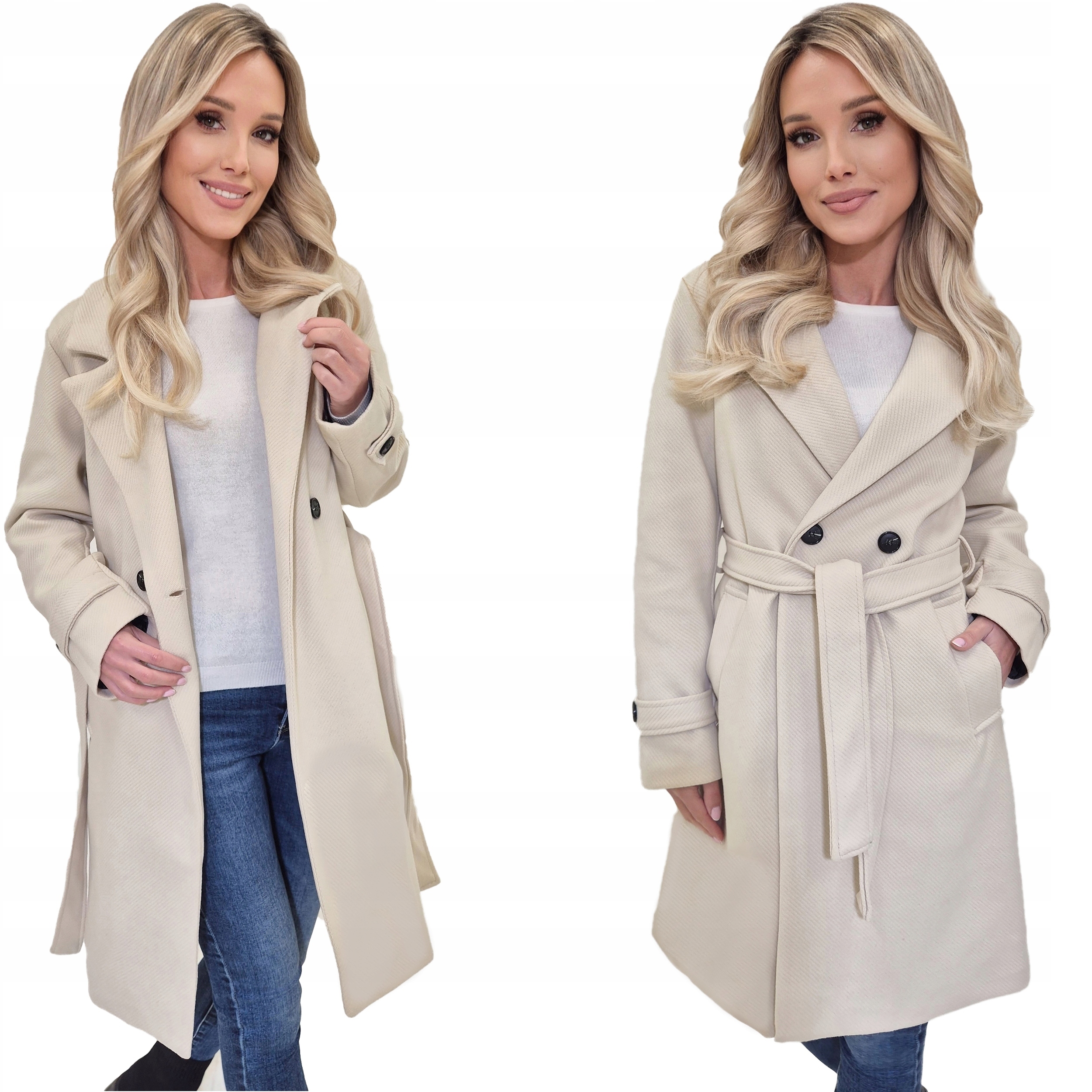 Modny prążkowany płaszcz z paskiem przejściowy wiosenny jesienny damski