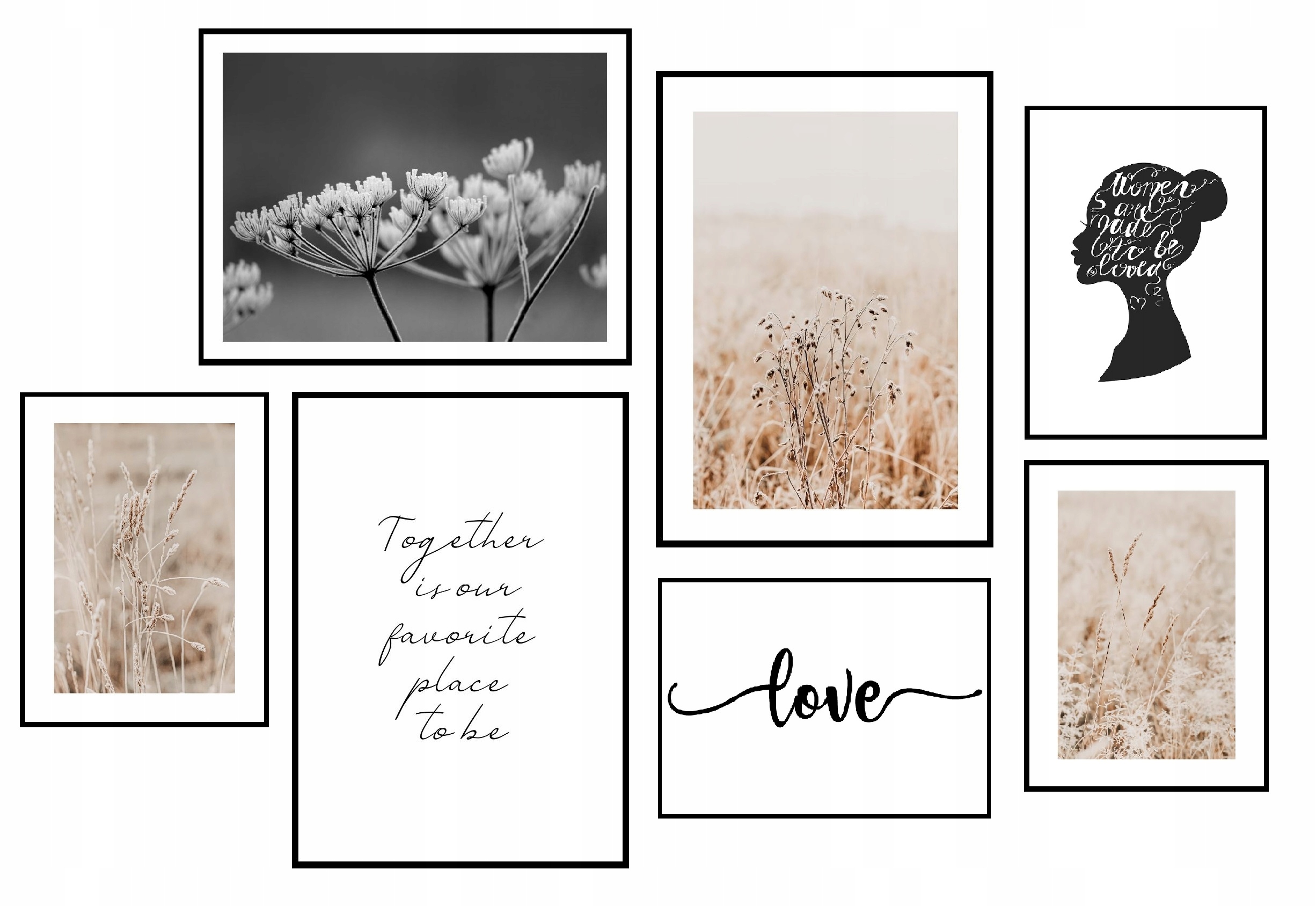 Duży zestaw 7 plakatów eviero beże szarości napisy