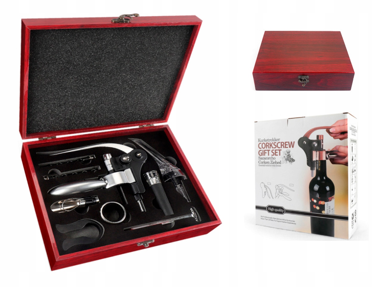 Sada Na Víno V Dřevěné Krabičce, 10 Kusů Dárkového Příslušenství, Vývrtka