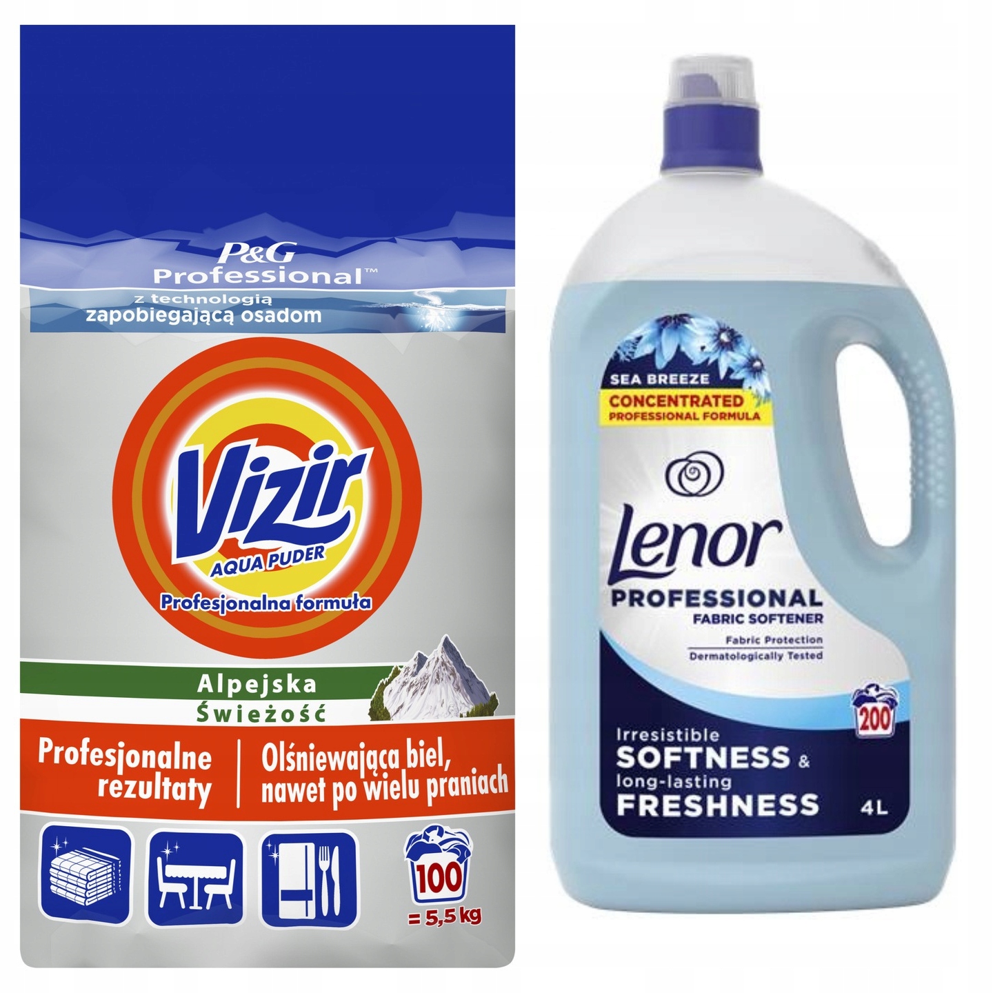 Płyn Do Płukania Lenor 4L Niebieski & Proszek Do Prania Białego Vizir