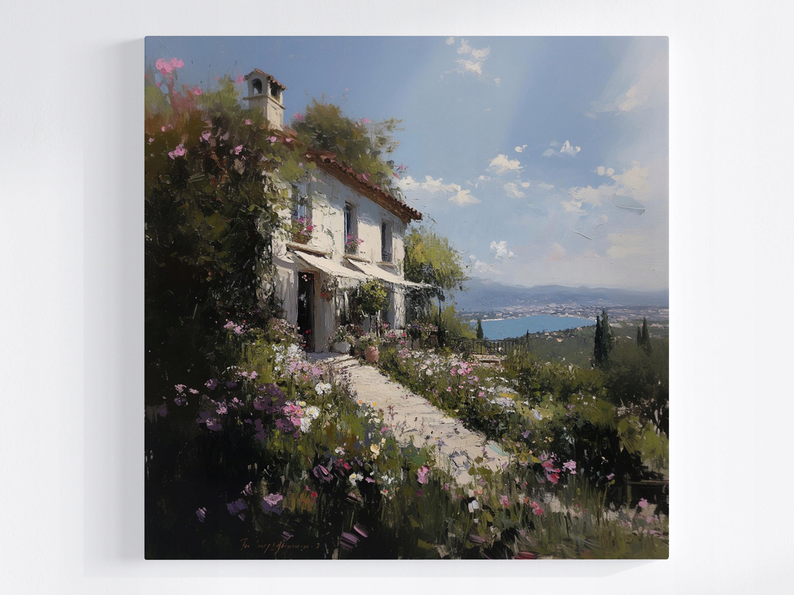 Obraz Na Plátně Canvas Krajina Moře Hory Dům Vila Zahrada Květiny 80x80