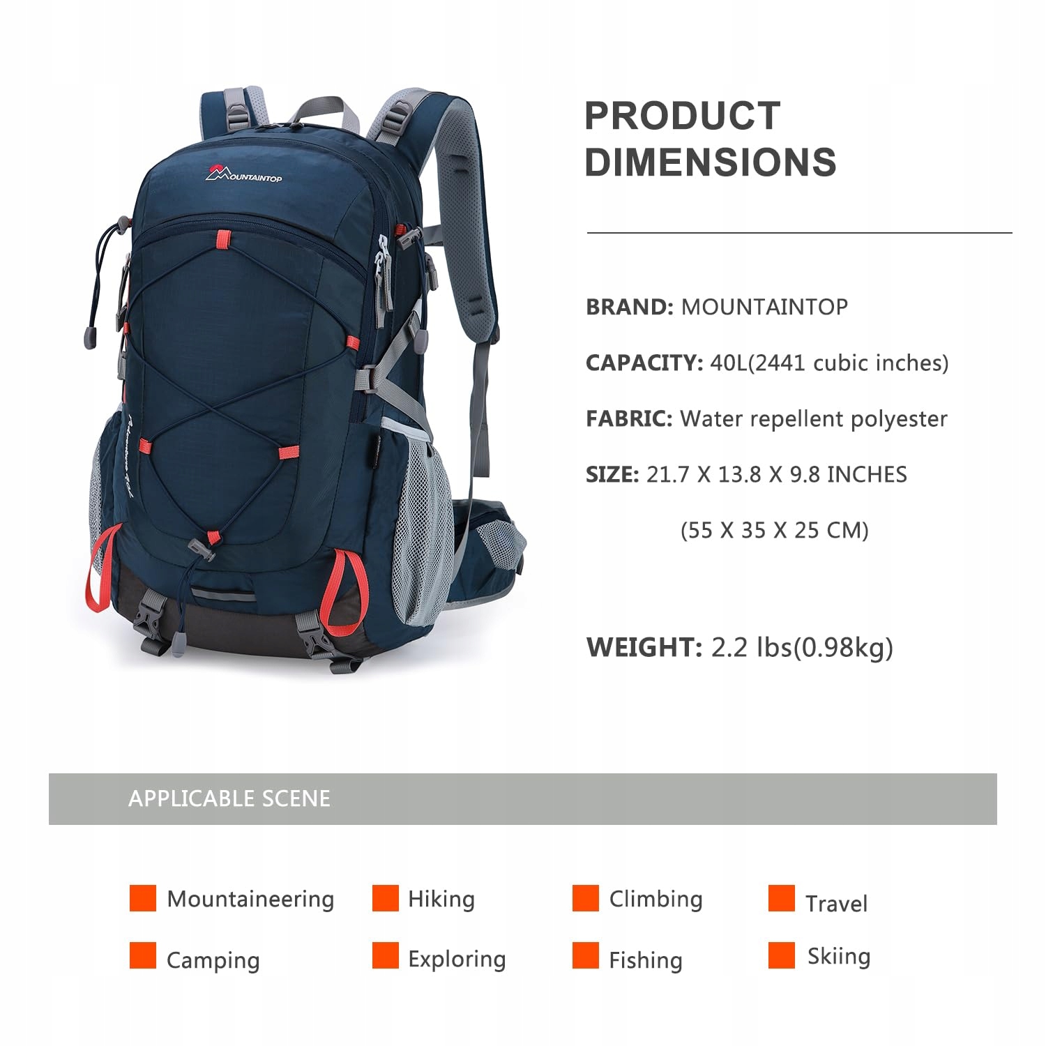 MOUNTAINTOP 40L Unisex Trekking Backpack with Rain Cover, Blue-Orange — miniatura 2