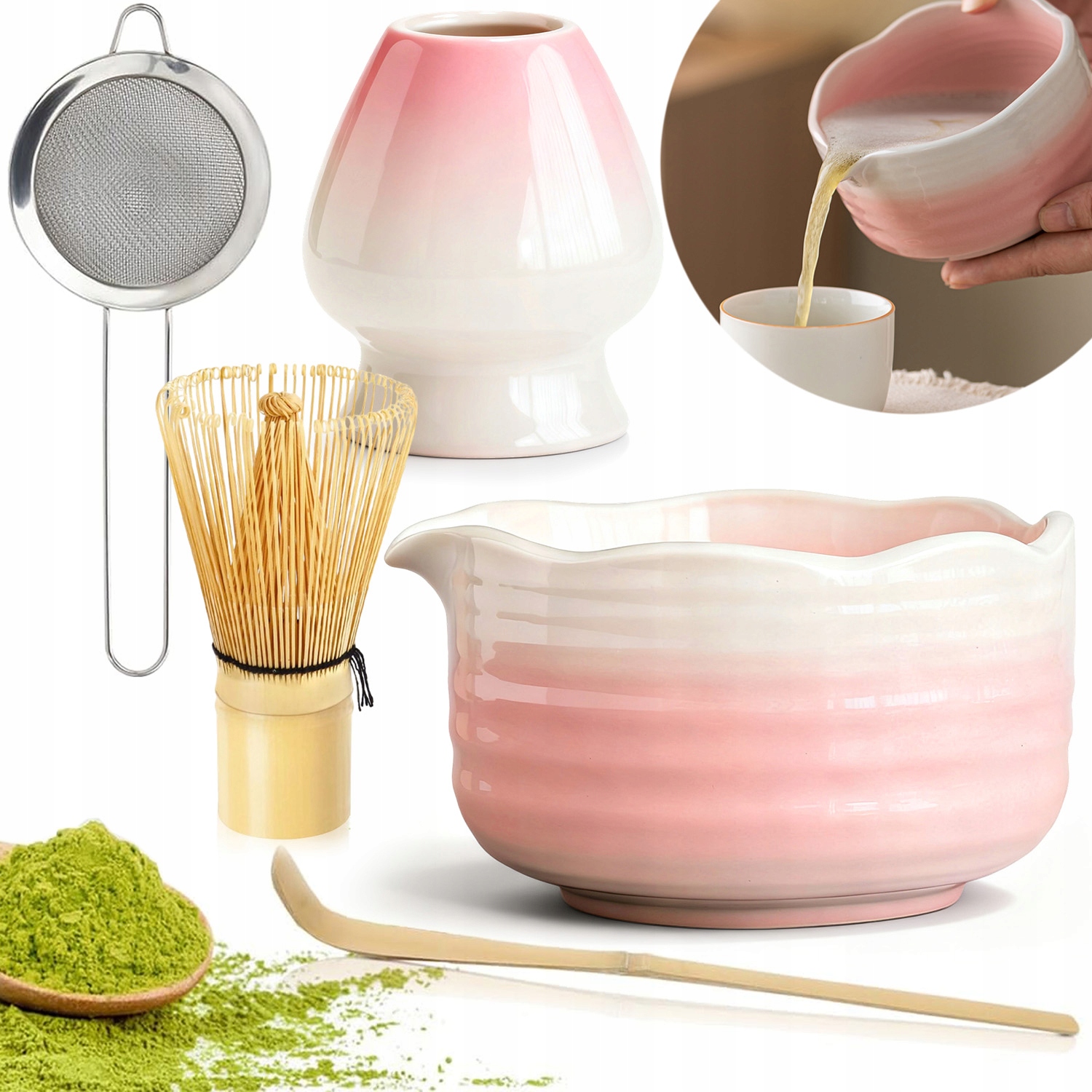 Levně Čajová Sada Matcha Miska Metla Sítko Lžička Dárek Růžová 6 Ks