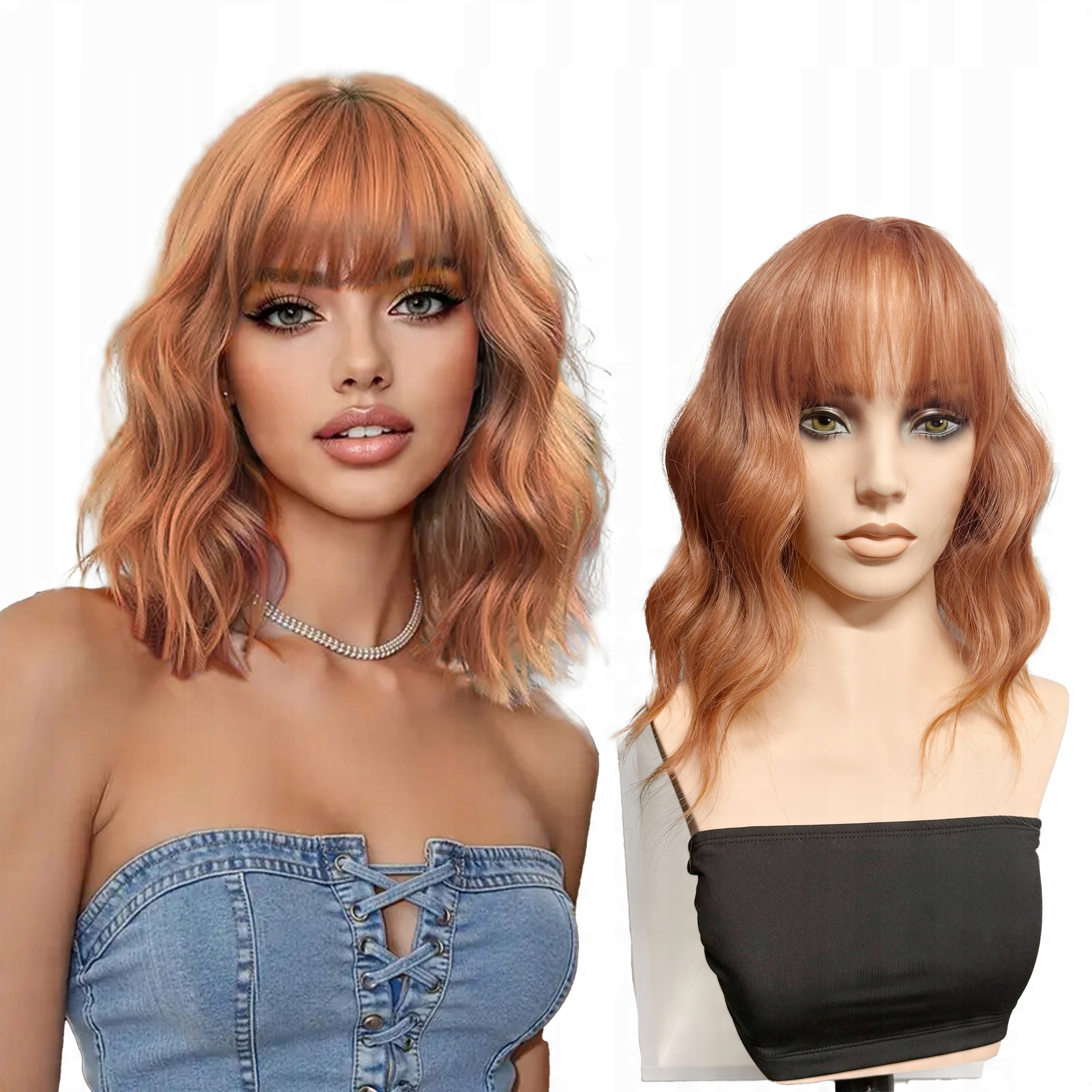 Syntetická paruka Světle Rudé vlnité vlasy s ofinou jako přírodní