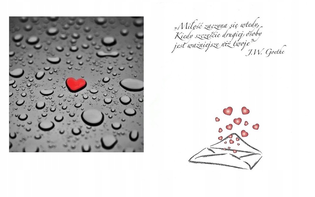 Karnet walentynki koperta tekst SERCE krople