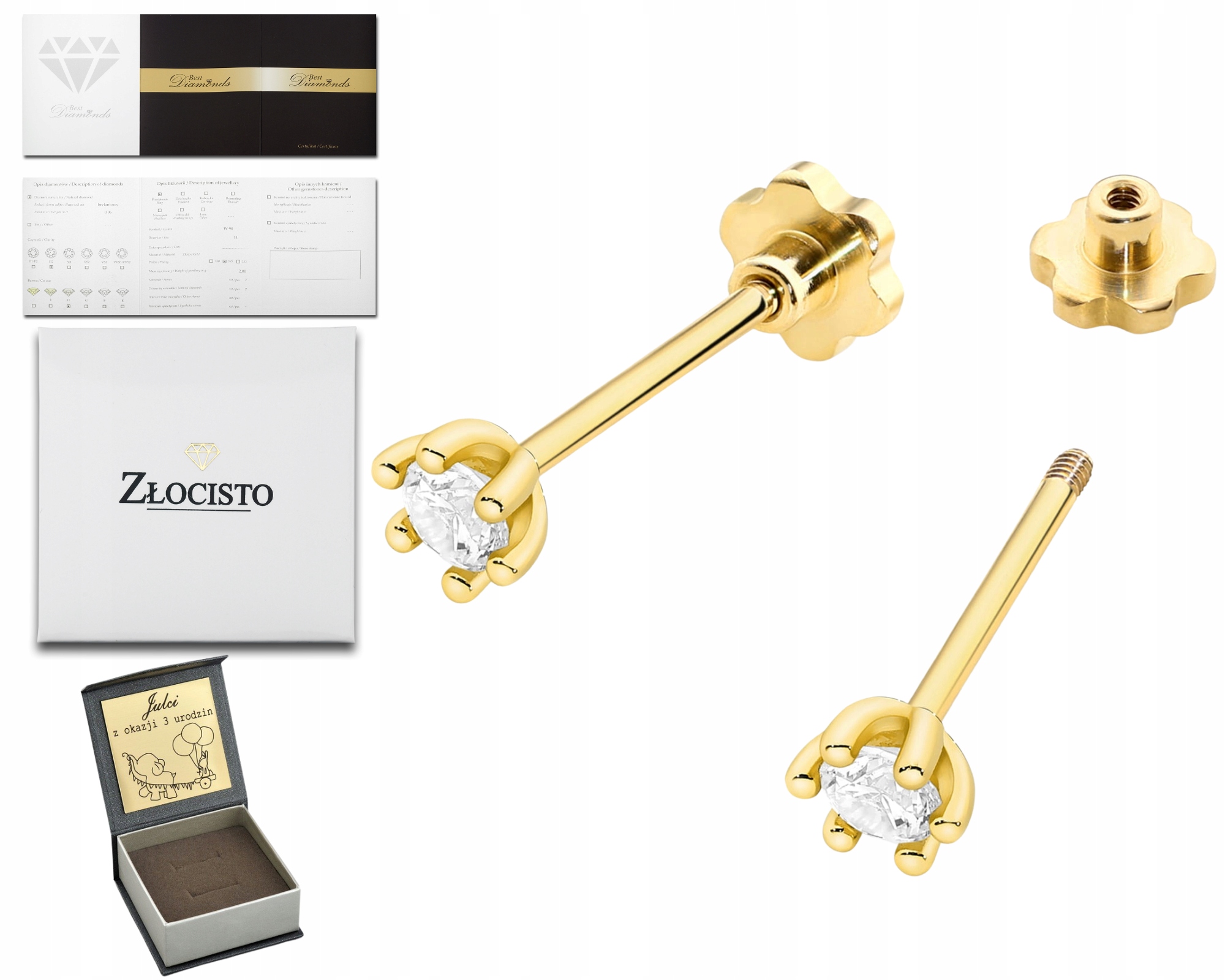 Zlaté Náušnice S Diamantem, Šroubovací Tyčinka, Klasický Gravírování