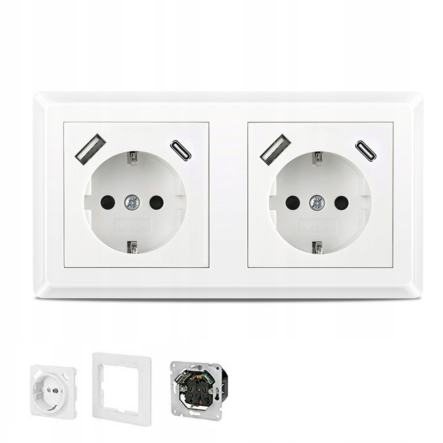 Dvojitá Skleněná Zásuvka Bílá S Kolíkem A Nabíječkou Usb Typ A+c 2.1A