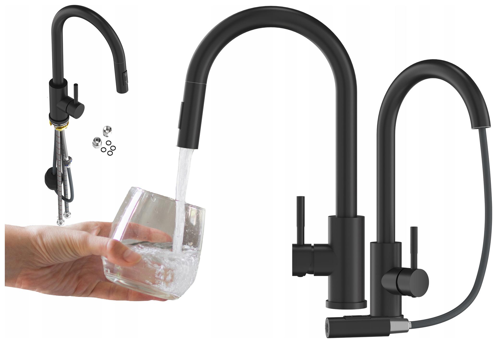 Kuchynská Bateria s výsuvným výtokom, čierna, stojanový kohútik do kuchyne Loseto