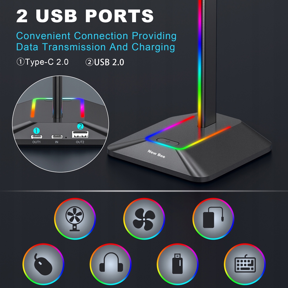 STOJAK STATYW NA SŁUCHAWKI GAMINGOWY NEW BEE PODŚWIETLENIE RGB LED USB HUB Wysokość produktu 24 cm