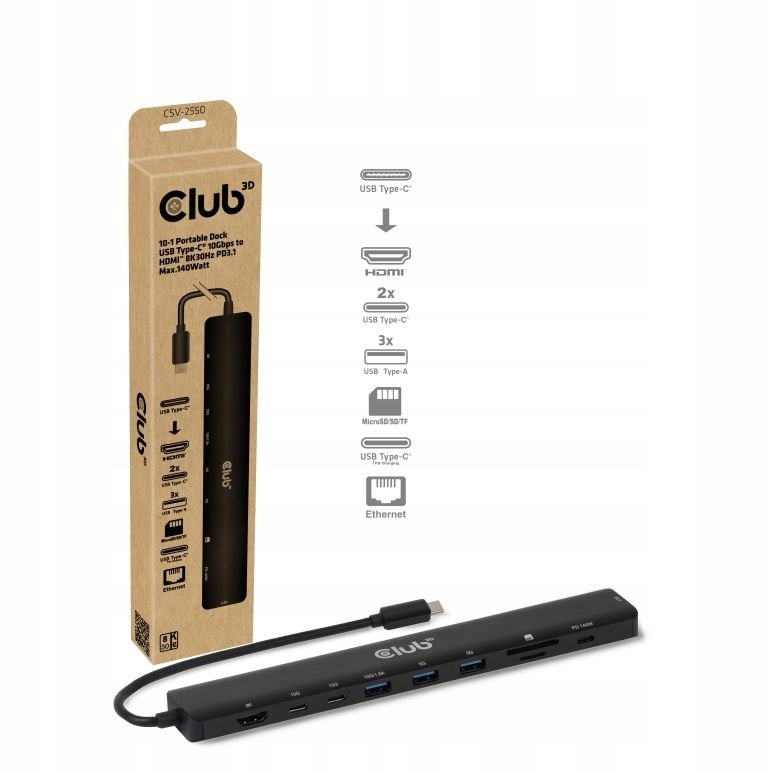 Club3D Dokovací stanice 10v1, Usb-c 3.2, 1xHDMI, 2xUSB-C, 3xUSB,…