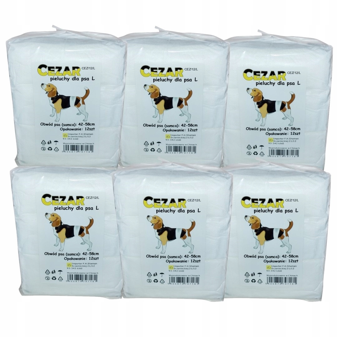 Cezar Pampersy pieluchy dla psa samca L 6 x 12 szt. (obwód 42-58 cm)