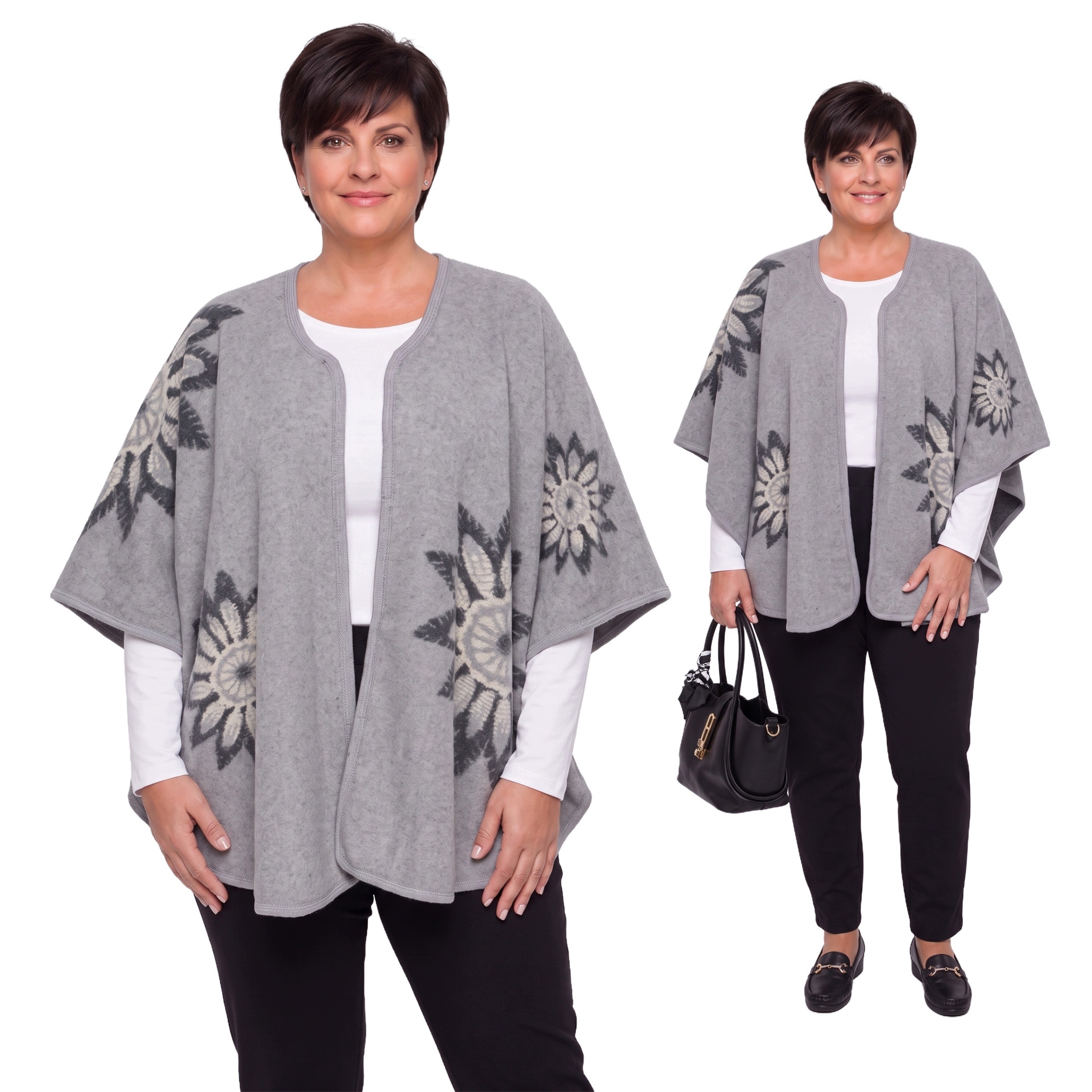 Světle šedý teplý přehoz s květinami plus size velikost Uni.