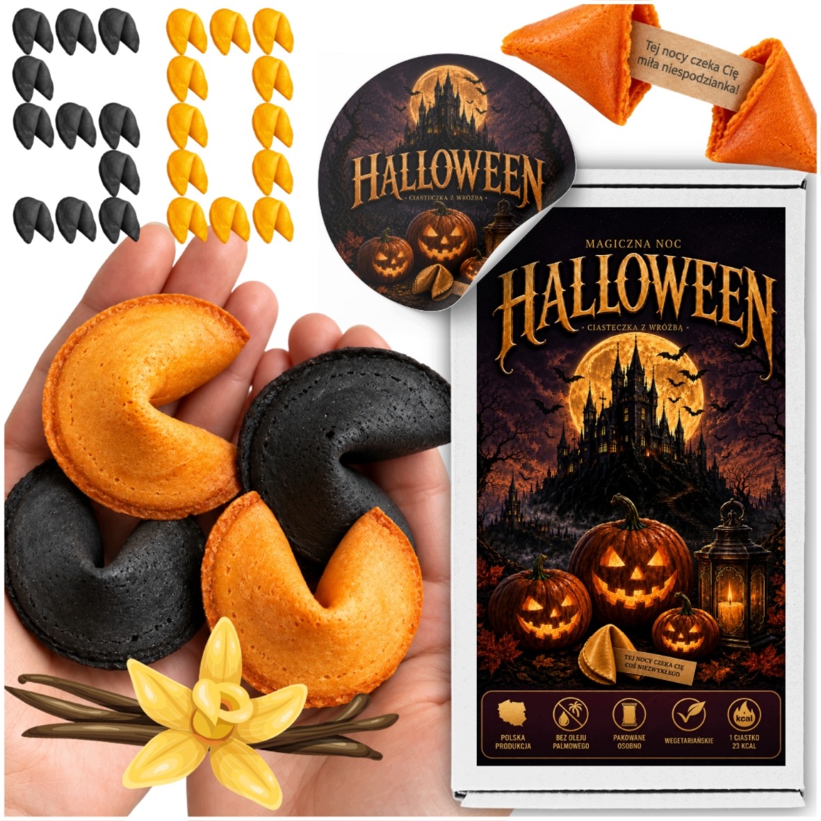 Ciasteczka z Wróżbą Halloween Dla Dzieci i Dorosłych Pakowane Osobno 50 szt