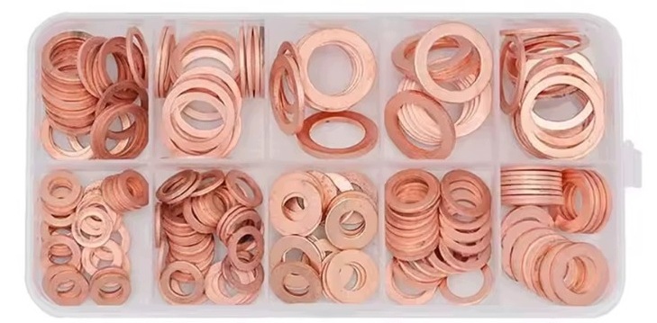 Podkładki miedziane uszczelniające 100 szt. 7 rozmiarów 4-15 mm organizer