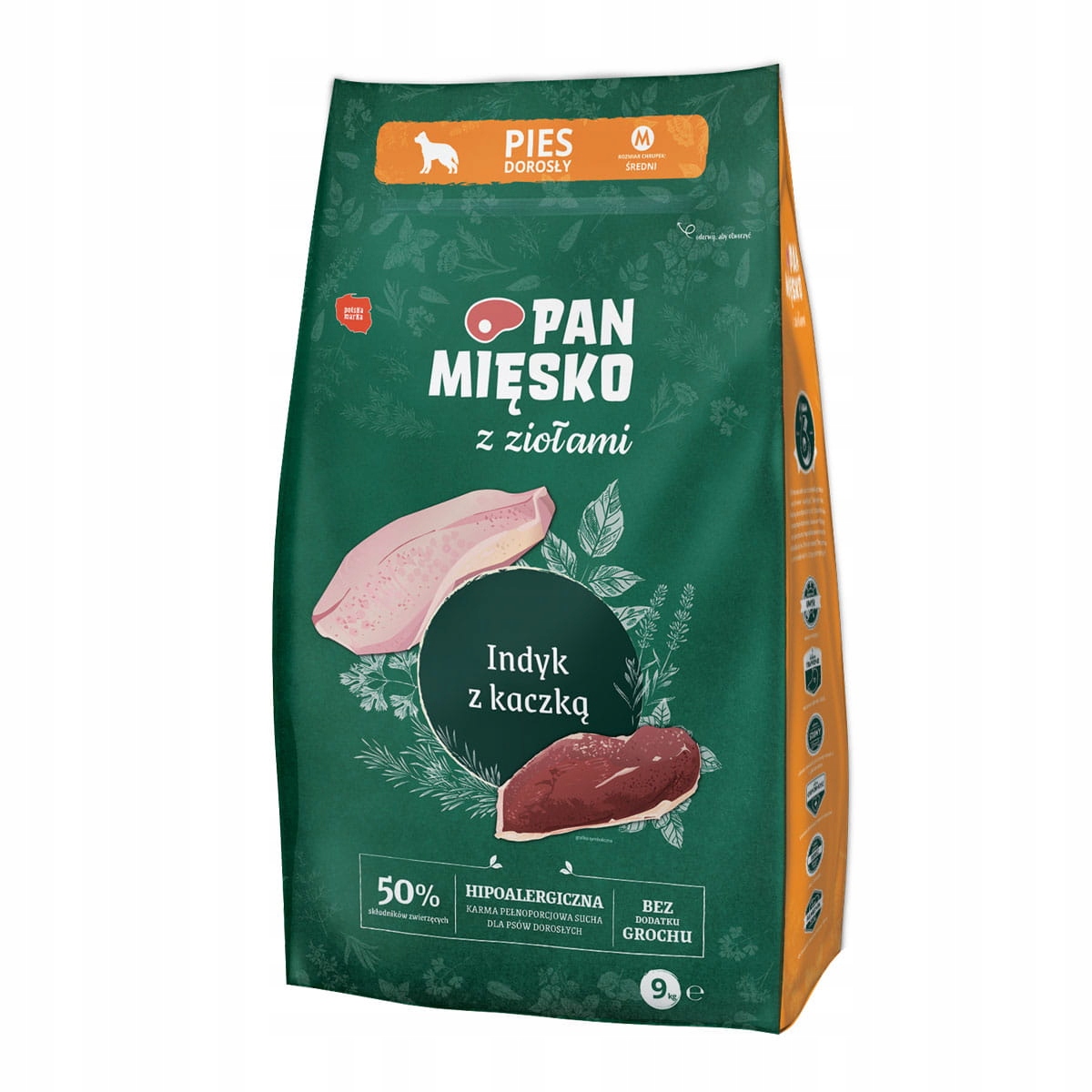 Levně Pan Mięsko Krmivo pro psy s bylinkami Krůta s kachnou křupavé M 9kg