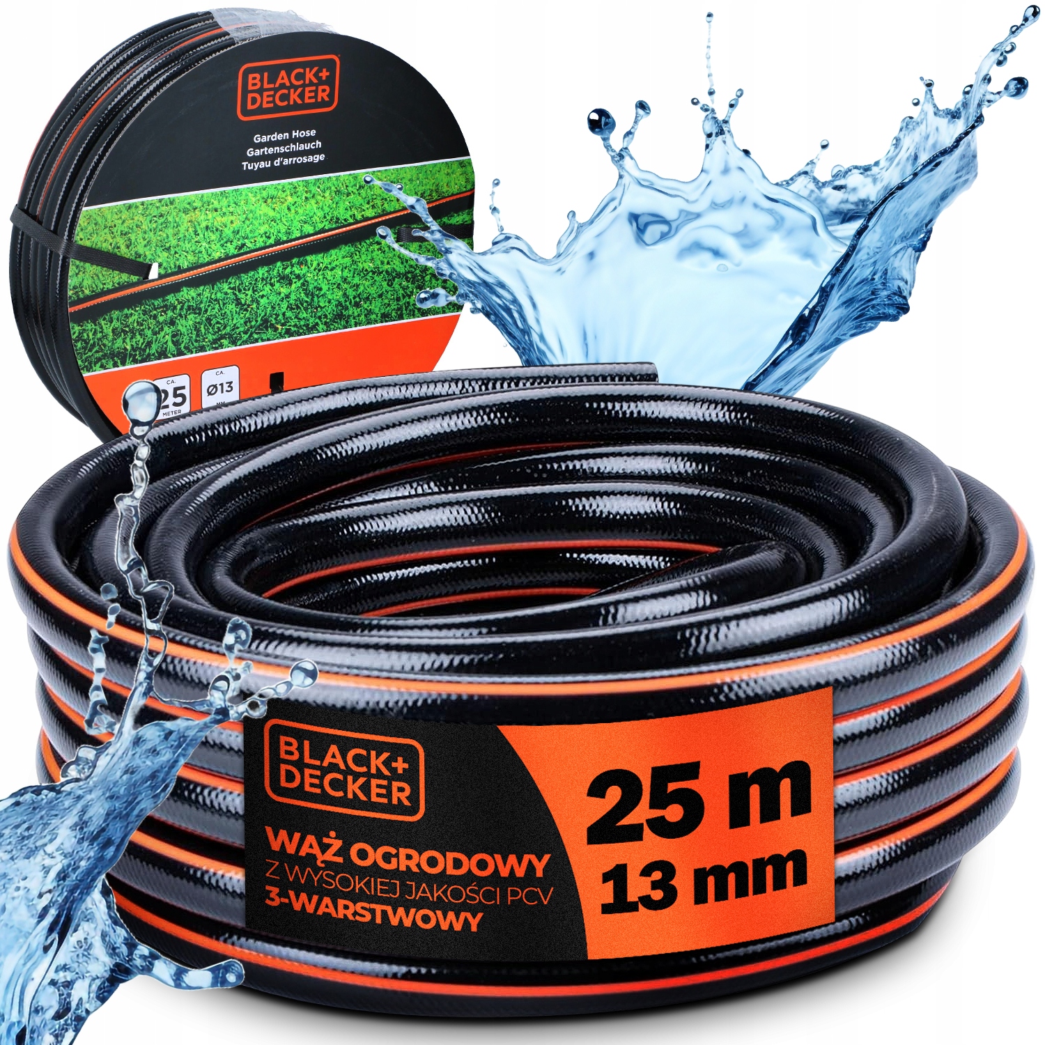 Wąż Ogrodowy Gumowy Czarny Black&Decker 3 Warstwowy 13mm x 25m