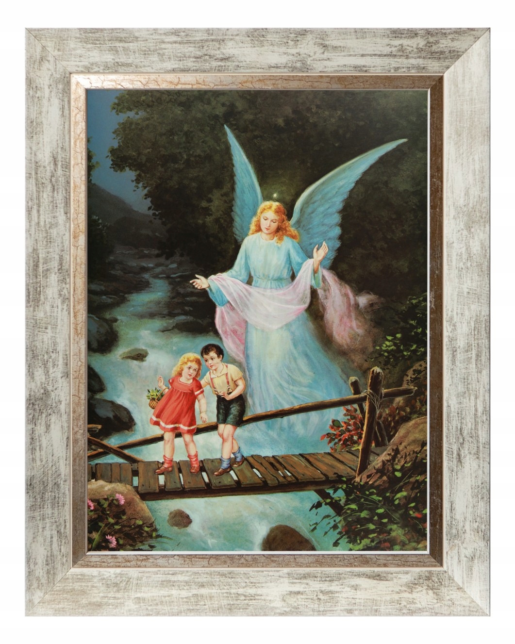 Anděl strážný Náboženský Obraz Na Plátně V Bílém Zdobeném Rámu 30X40