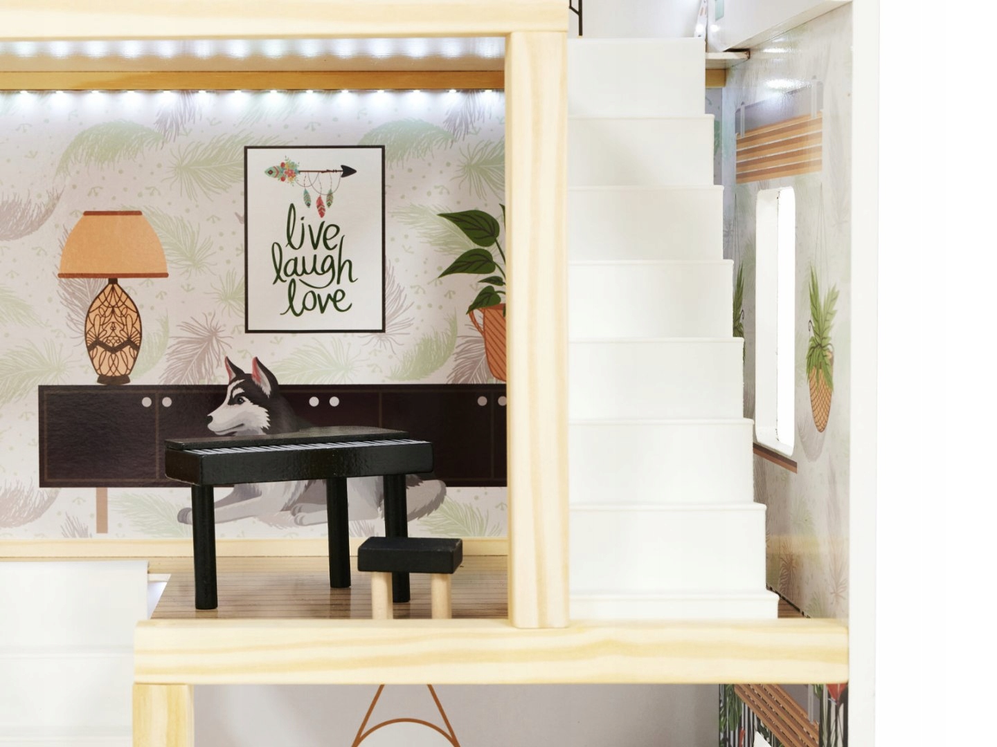 DOMEK DLA LALEK DREWNIANY MEBELKI BOHO ŚWIATŁO LED WILLA XXL 78CM 1SZT Elementy zestawu lalka domek mebelki