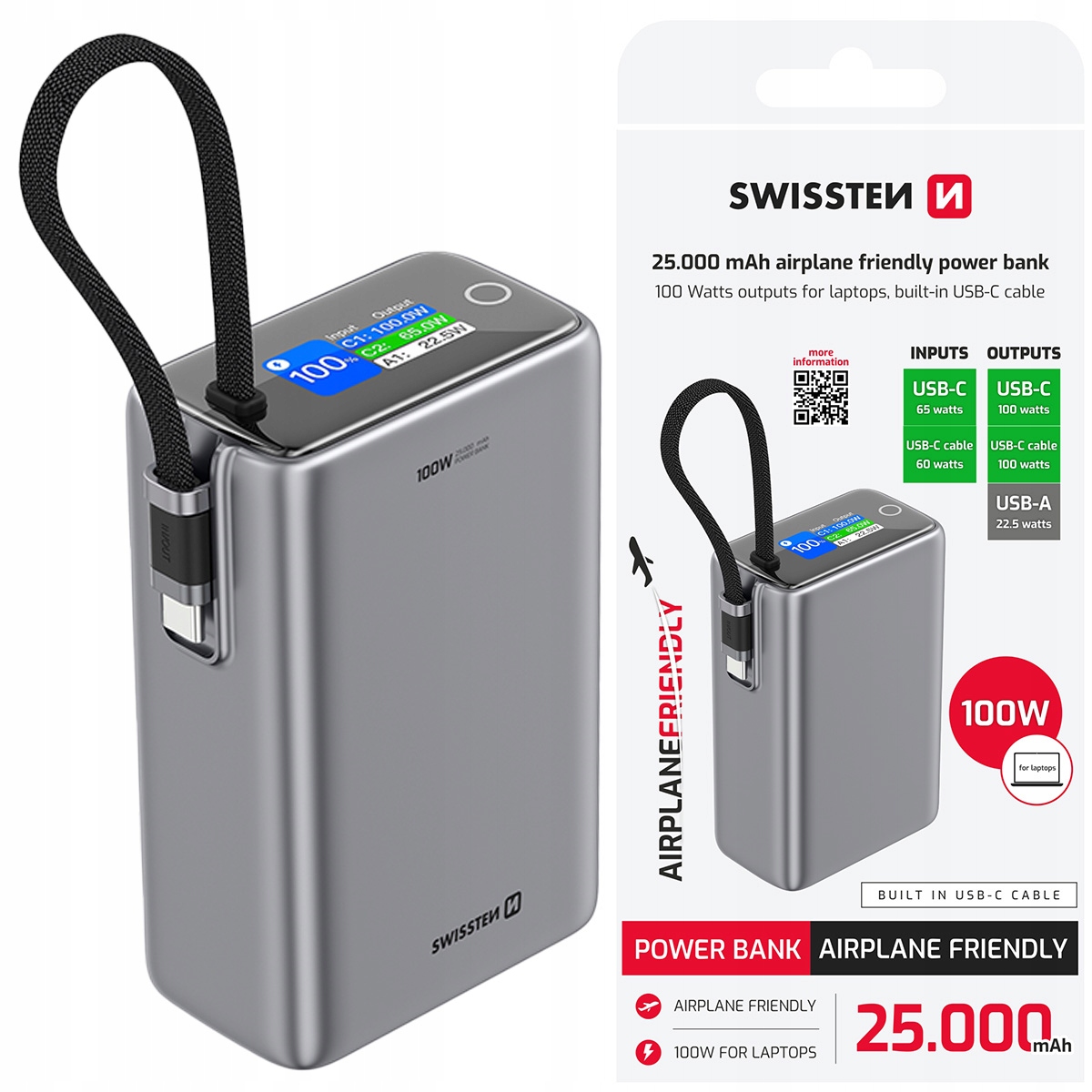Powerbank pre tablet, laptop, smartfón Swissten 25000mAh, kábel Usb-c Pd