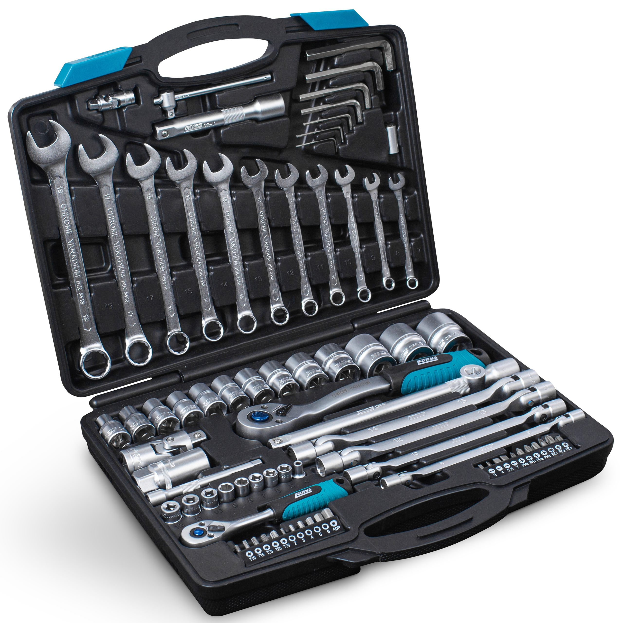 Sada nástrčných klíčů 77 Ks Klíče Bity Chrastítka 1/2 1/4 Kufr Farys