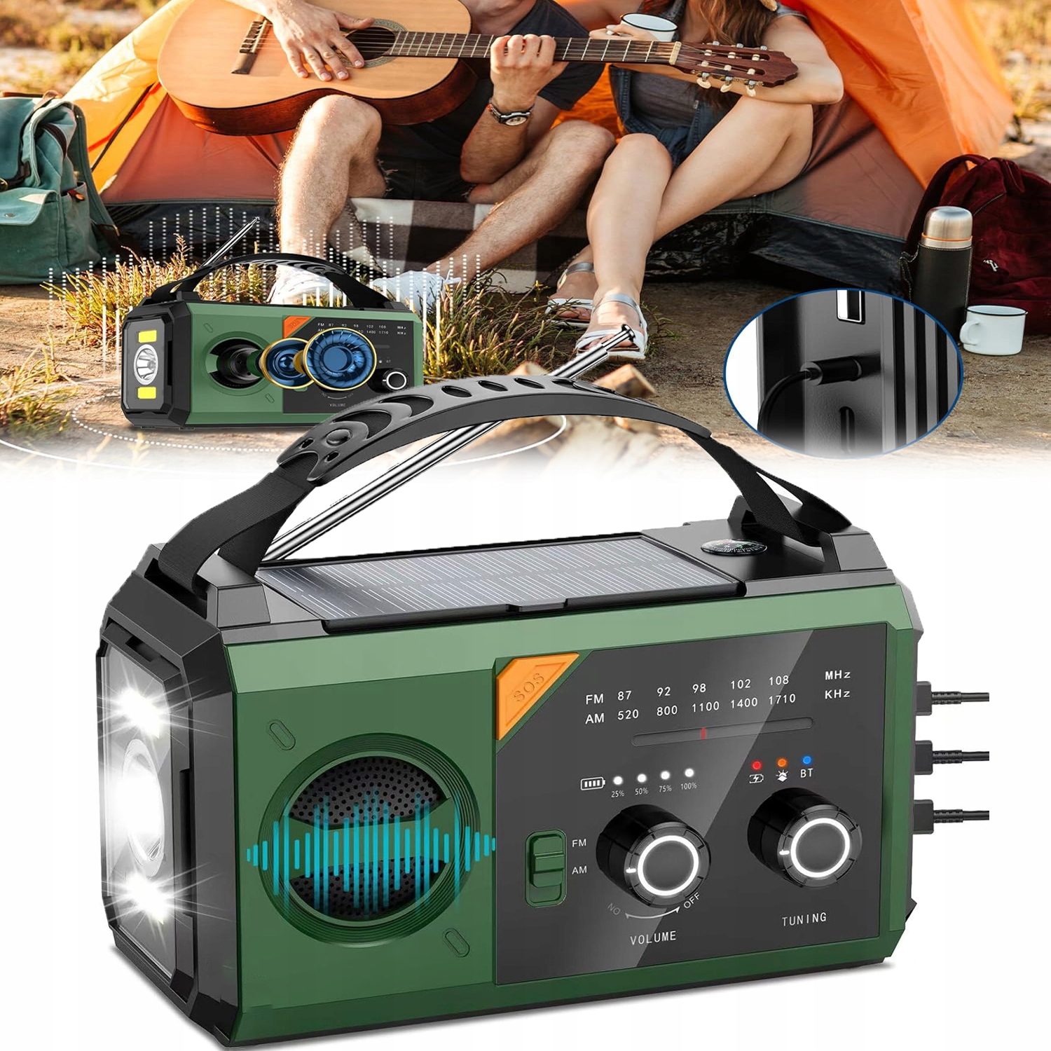 Outdoorové solárne rádio 20000 mAh Power Bank Sos Baterka 3 režimy nabíjania