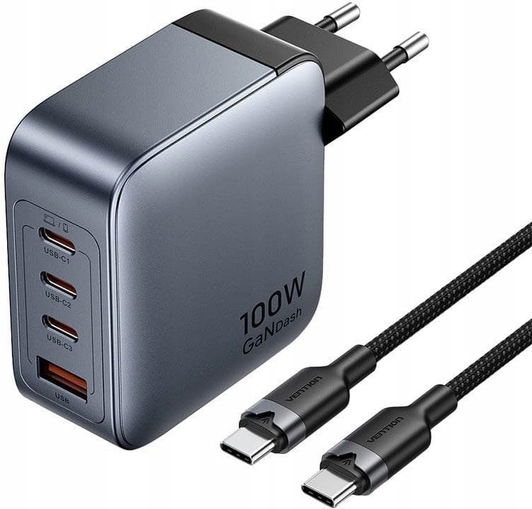 Ładowarka Vention 100W GaN 1x Usb-a 3x Usb-c kabel Usb-c do Usb-c 1m