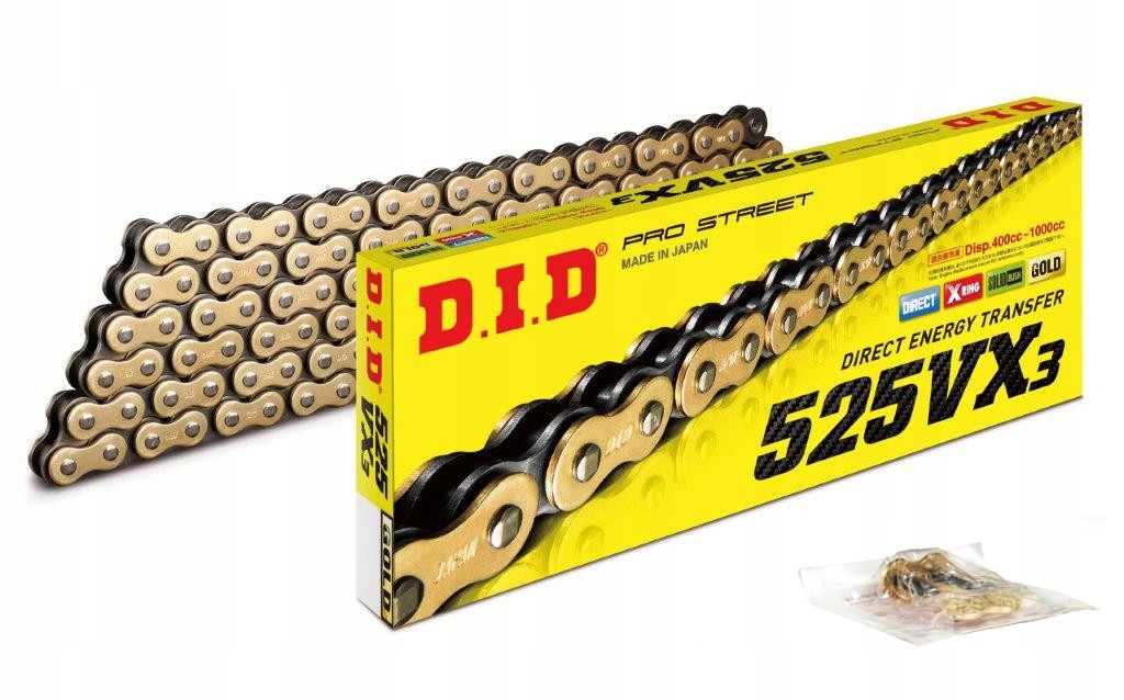 

Łańcuch napędowy DiD 525 VX, 120 ogniw X-Ring Gold
