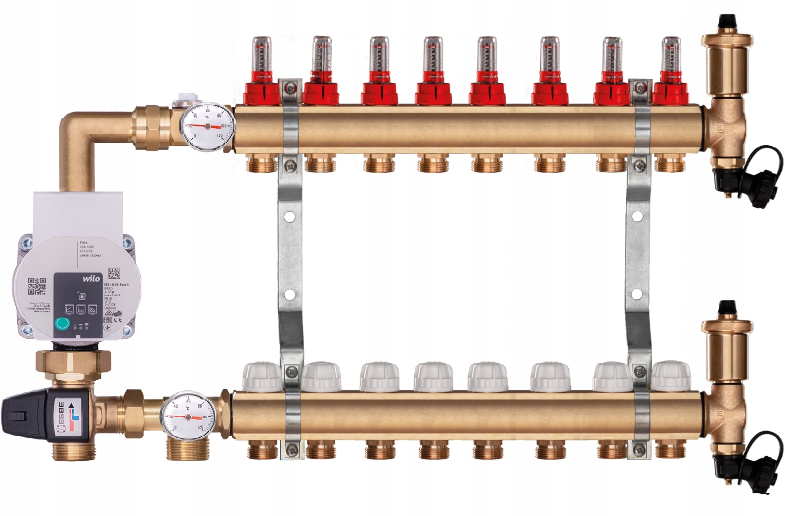 Mosazný rozdělovač pro podlahové topení 8 sekcí s Čerpací Skupinou Wilo