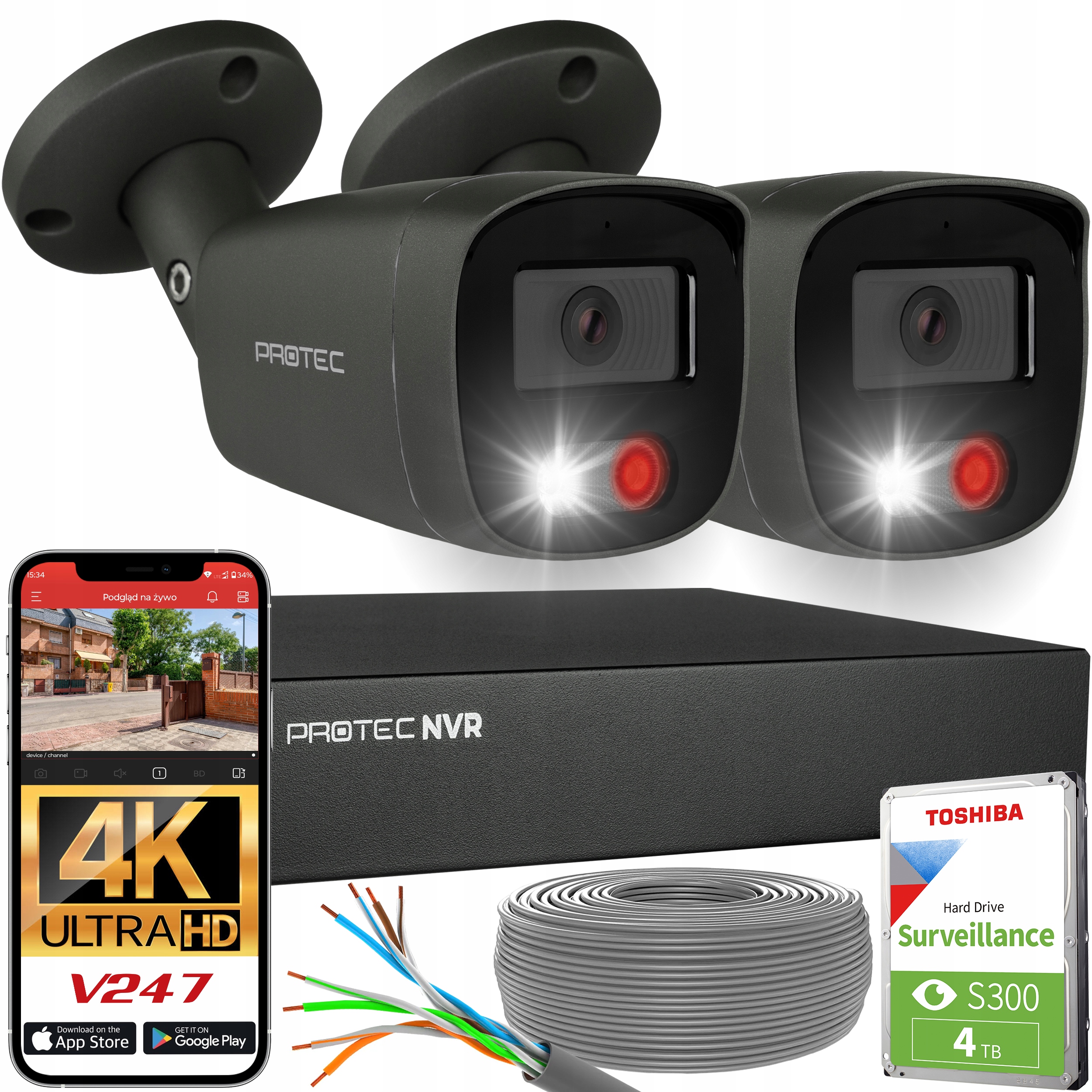 Kompletní sada pro monitorování 2 kamer 4K Ip PoE audio grafitové tubusové