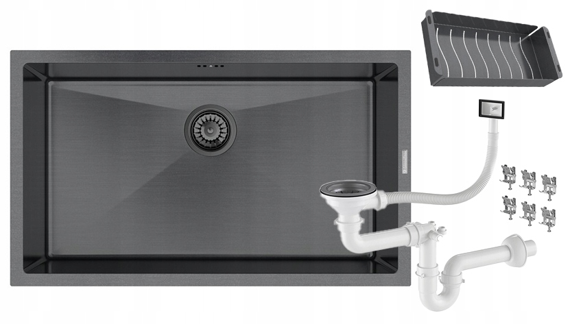 Čierny BARI74 Oceľový Drez Jednokomorový, Sada, Oceľová Vložka